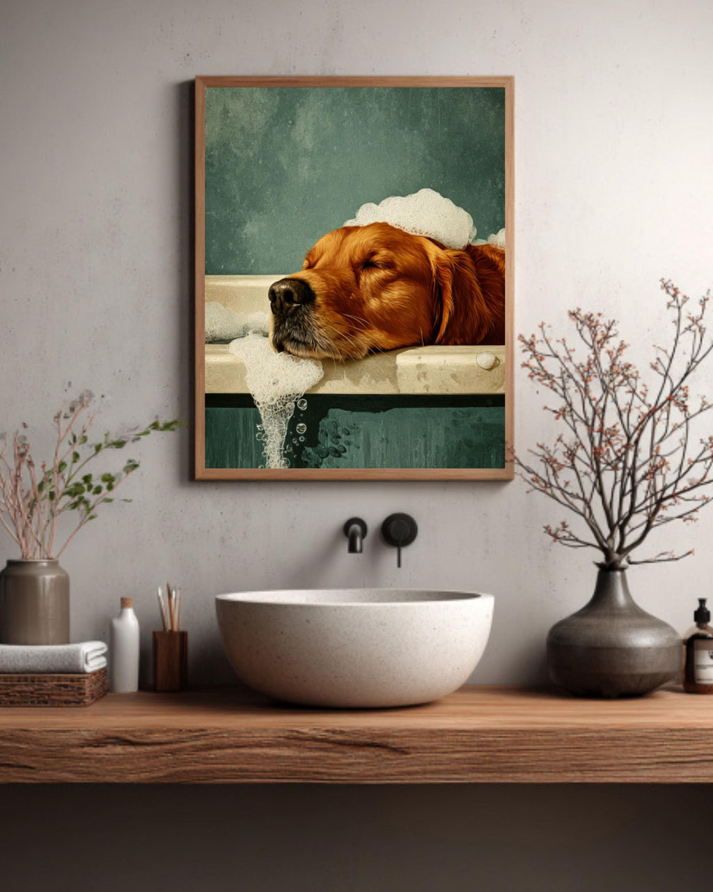 Golden Retriever in Bathtub Art: Retro Green Dog Print Canvas Wall Art – Modern Decor Print