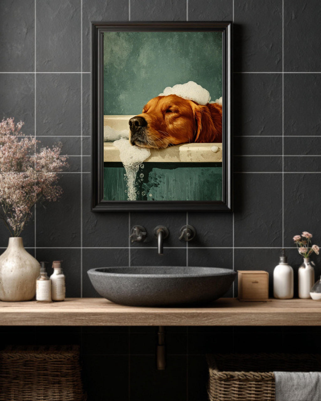 Golden Retriever in Bathtub Art: Retro Green Dog Print Canvas Wall Art – Modern Decor Print