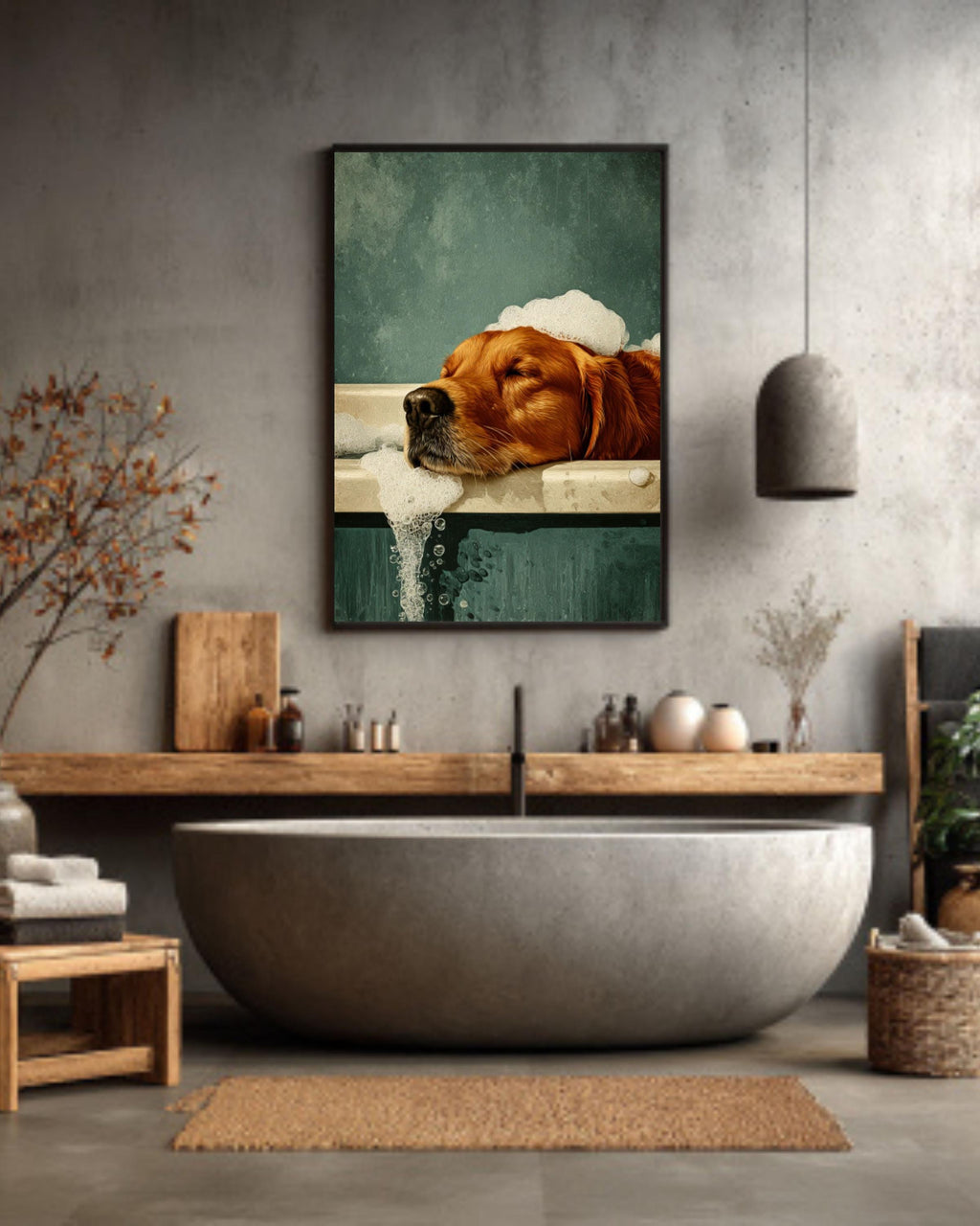 Golden Retriever in Bathtub Art: Retro Green Dog Print Canvas Wall Art – Modern Decor Print