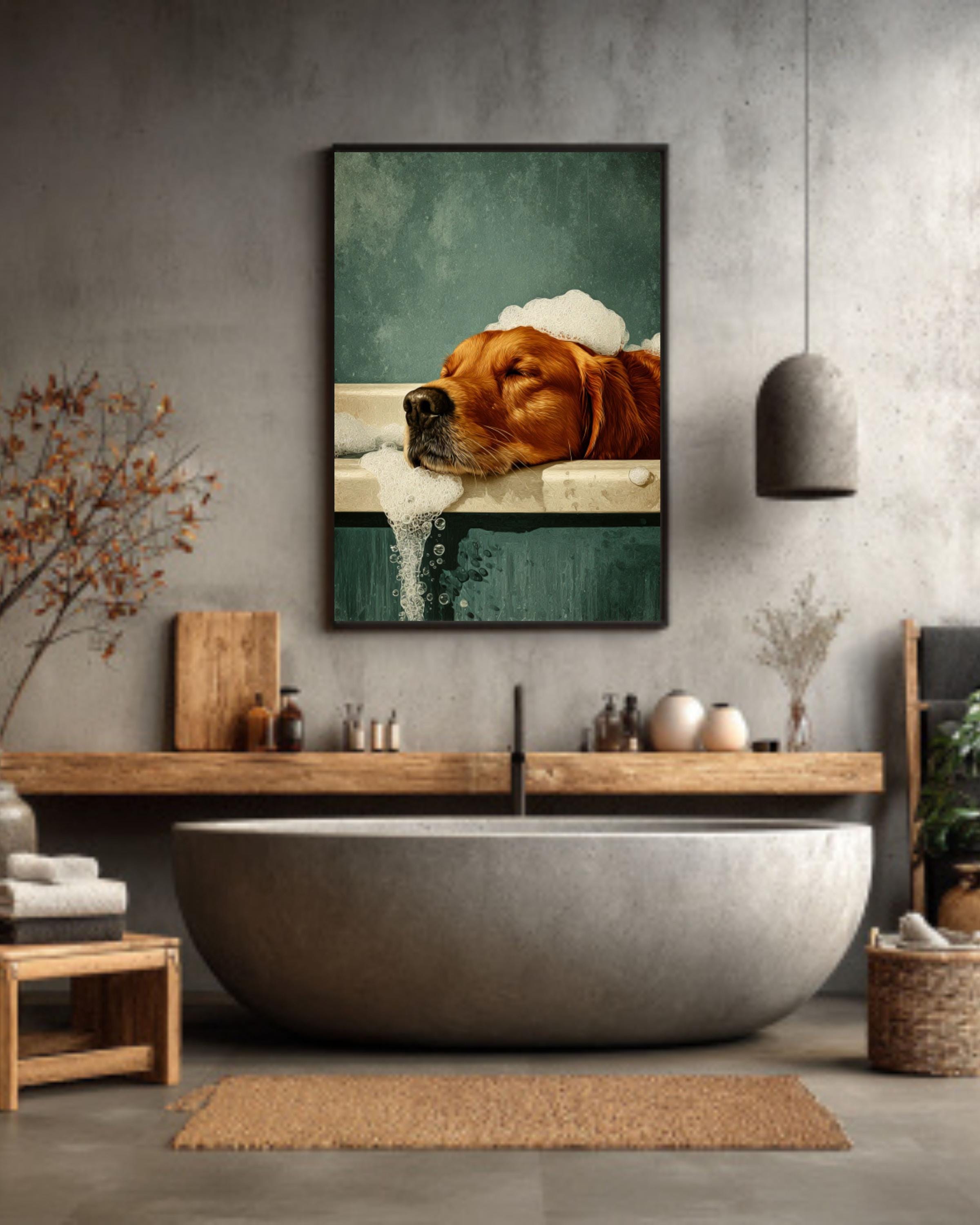 Golden Retriever in Bathtub Art: Retro Green Dog Print Canvas Wall Art – Modern Decor Print