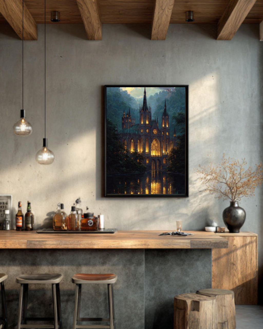Gothic Cathedral Oil Painting: Dark Stone Church Wall Art Canvas Wall Art Print – Premium Home Decor