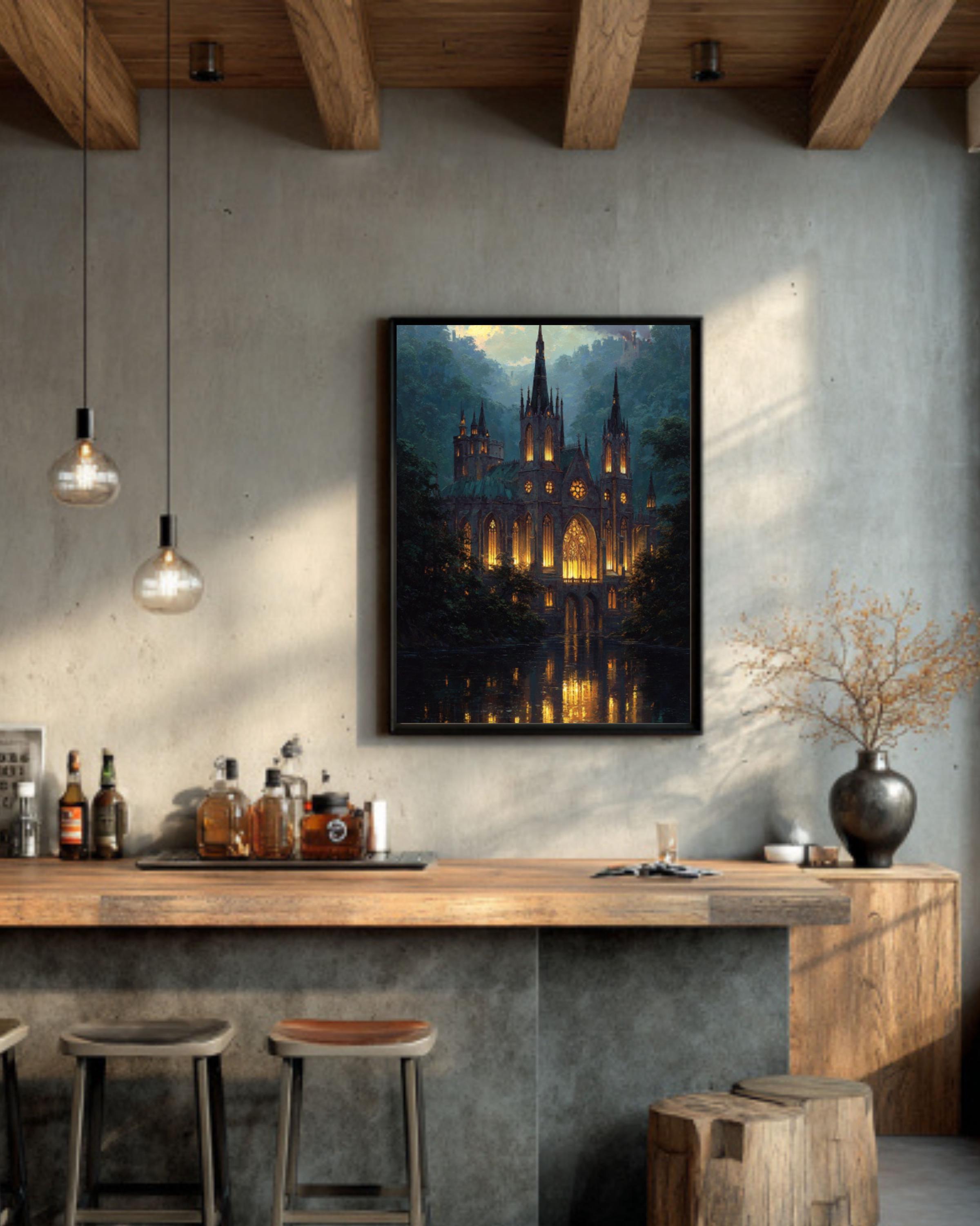 Gothic Cathedral Oil Painting: Dark Stone Church Wall Art Canvas Wall Art Print – Premium Home Decor