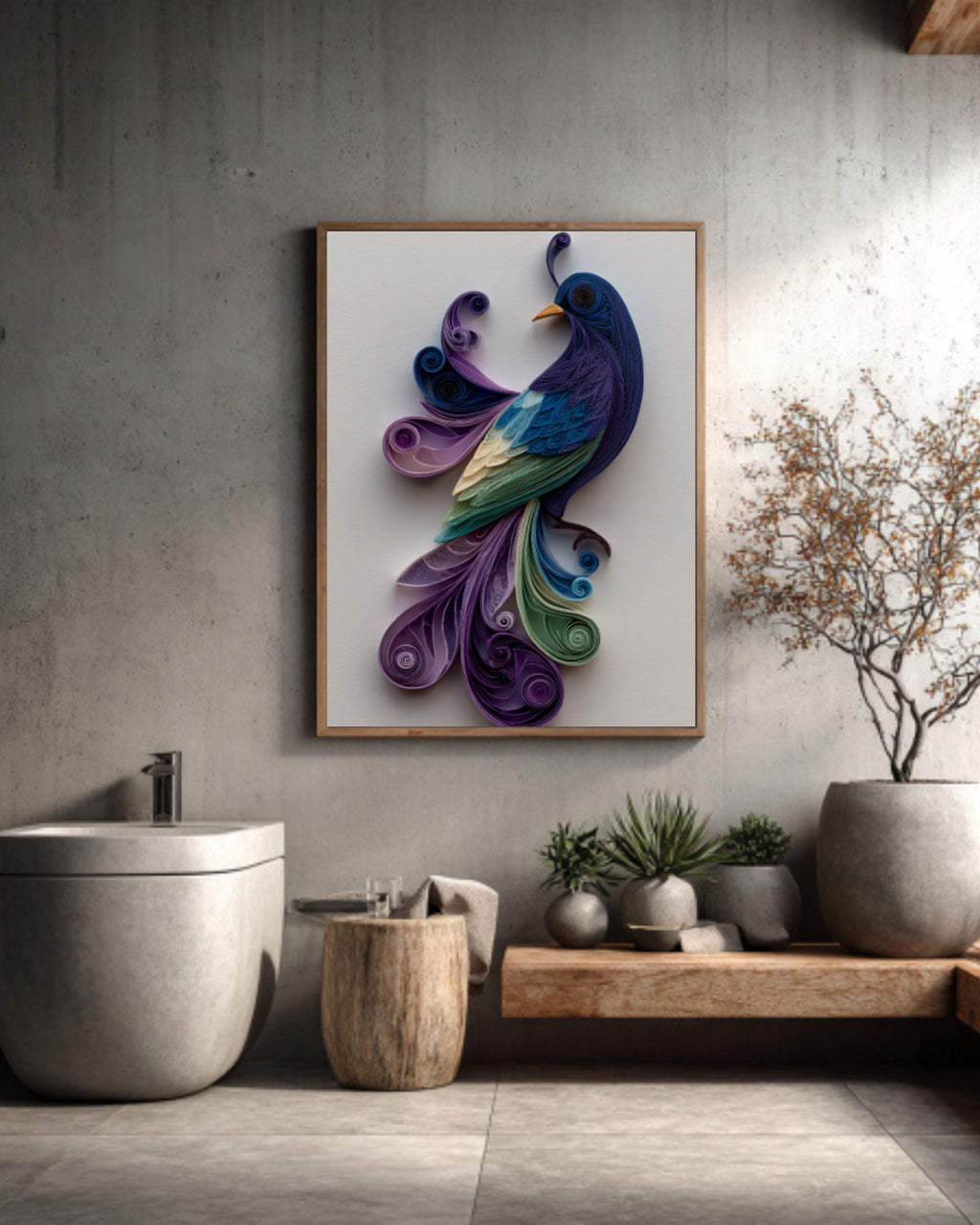 Abstract Bird Quilling Art â€“ Purple & Green Paper Sculpture Canvas Wall Art Print – Premium Home Decor