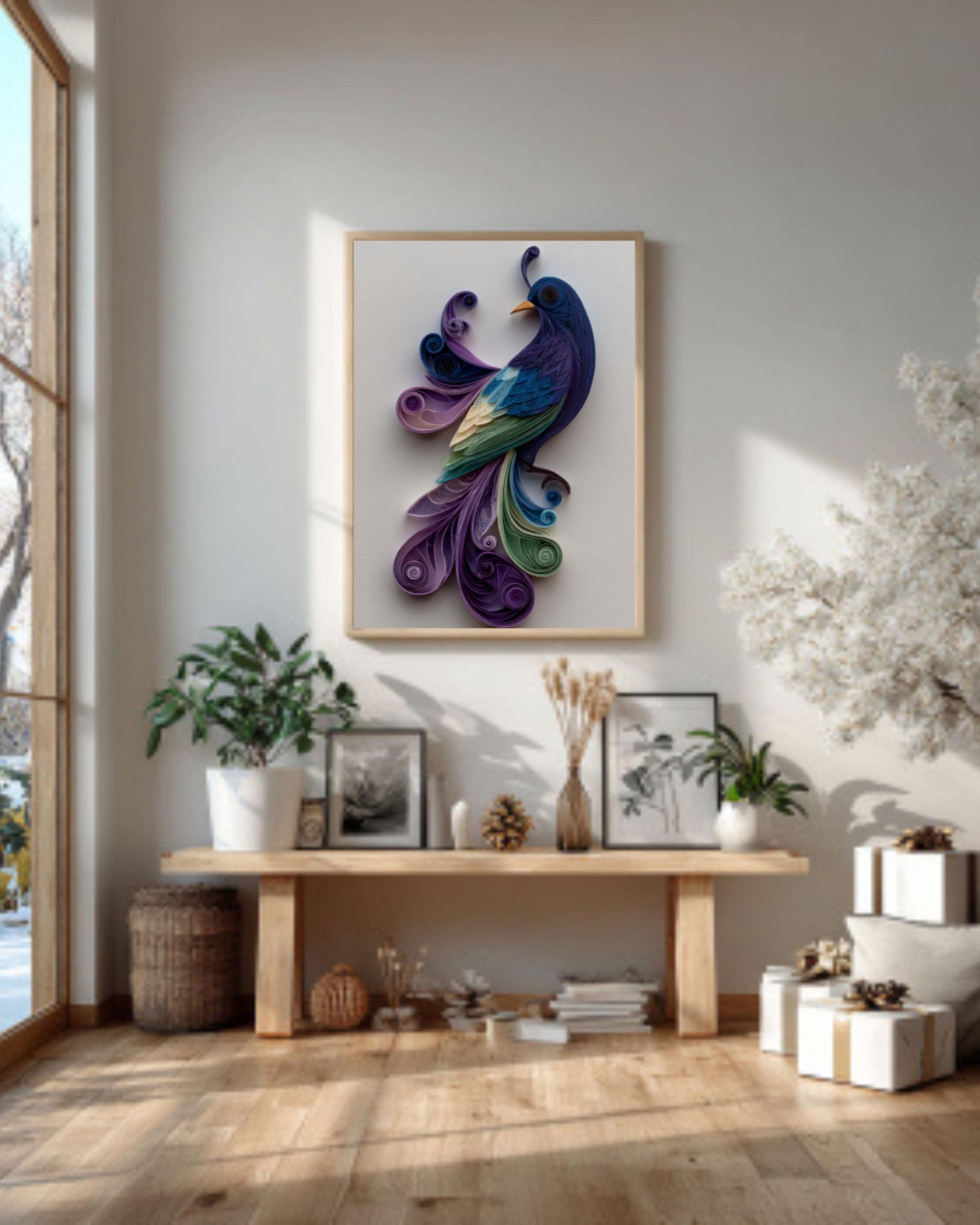 Abstract Bird Quilling Art â€“ Purple & Green Paper Sculpture Canvas Wall Art Print – Premium Home Decor