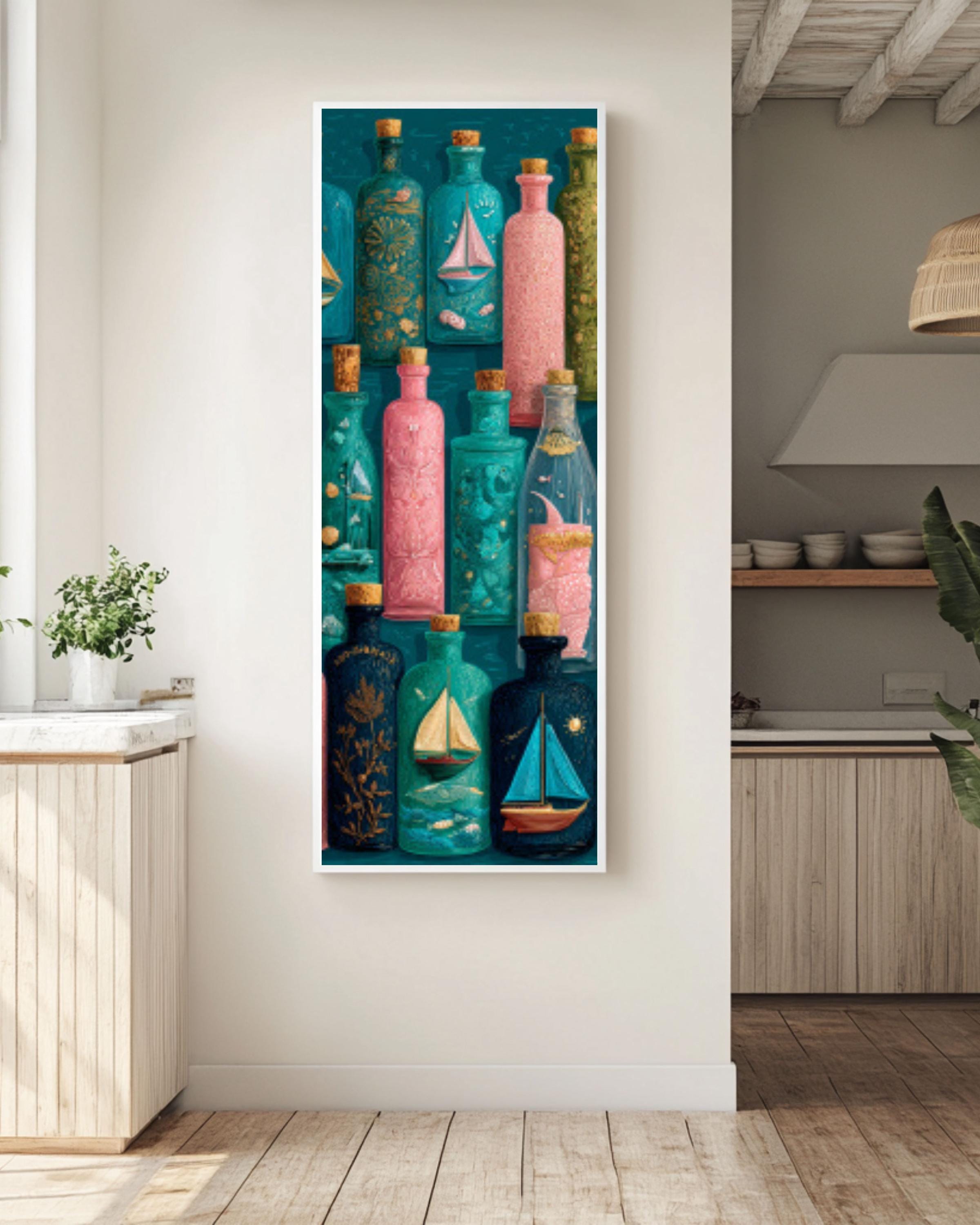 Ornate Bottle Art Print | Whimsical Sailboats & Shells