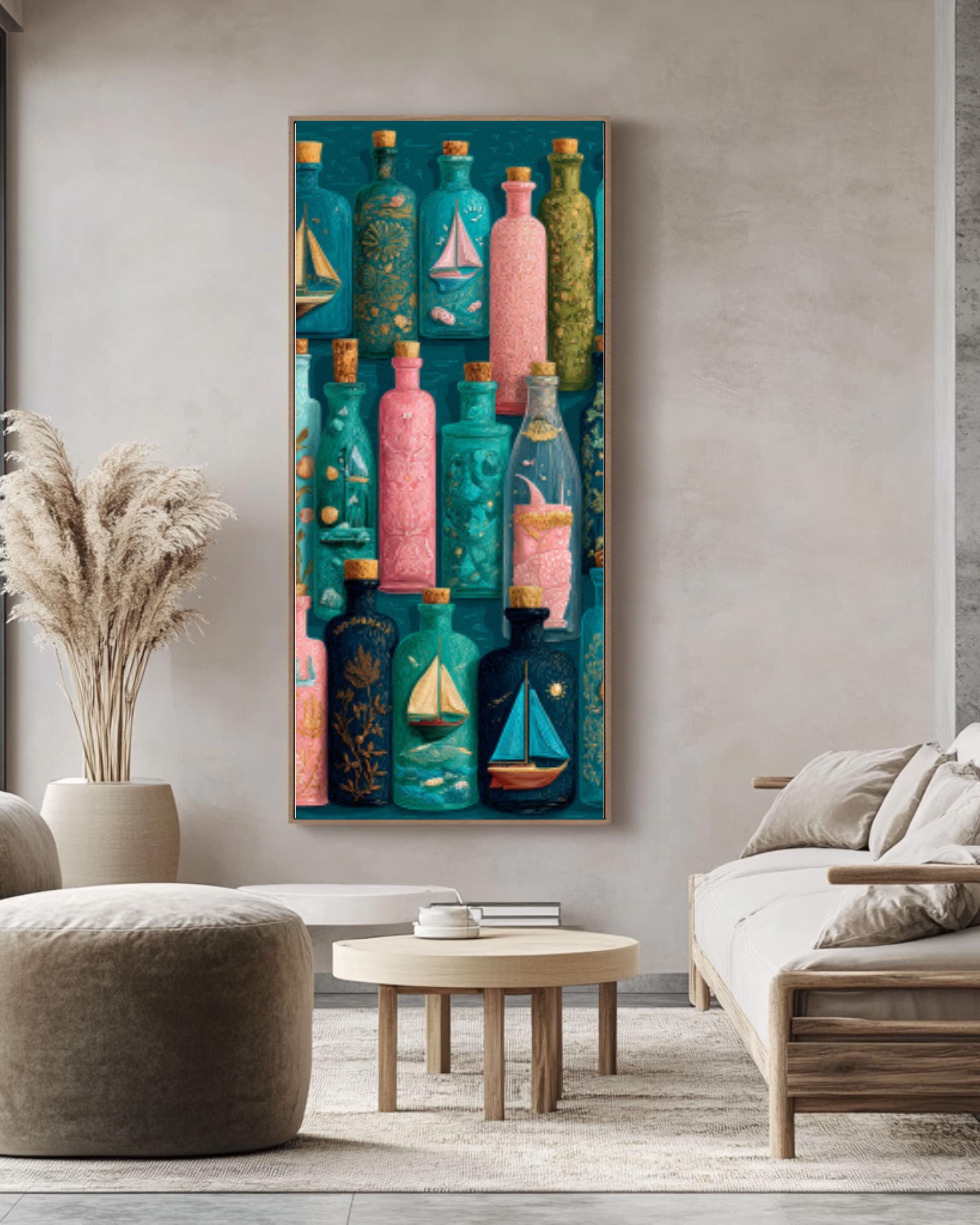 Ornate Bottle Art Print | Whimsical Sailboats & Shells