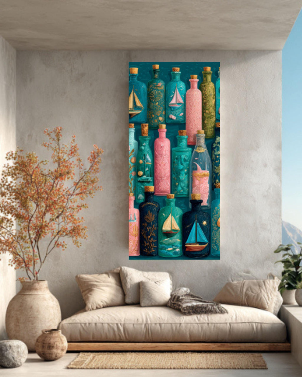 Ornate Bottle Art Print | Whimsical Sailboats & Shells