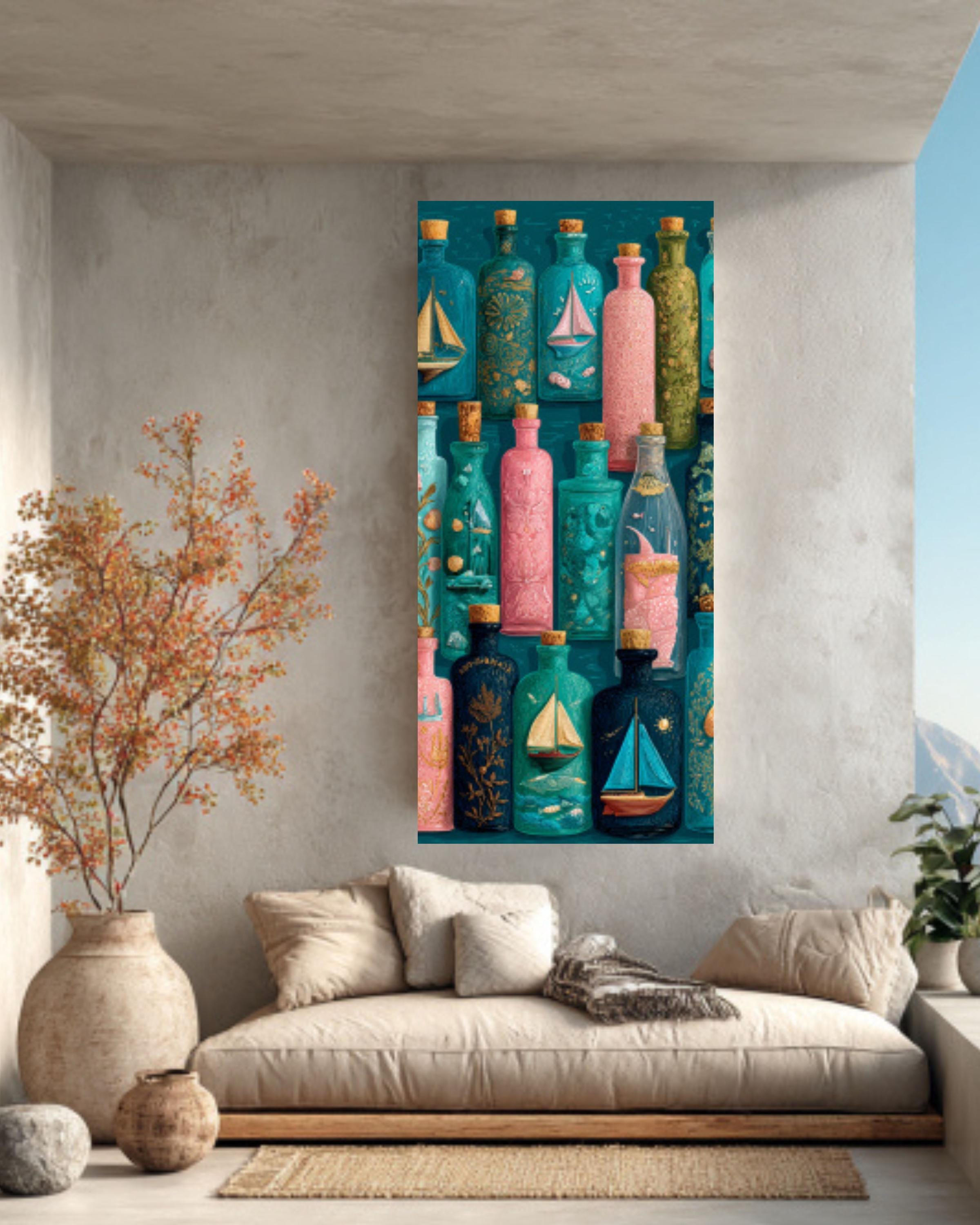 Ornate Bottle Art Print | Whimsical Sailboats & Shells