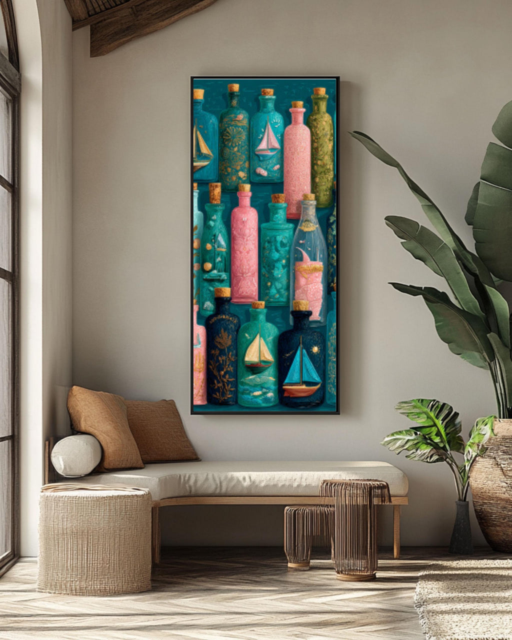 Ornate Bottle Art Print | Whimsical Sailboats & Shells