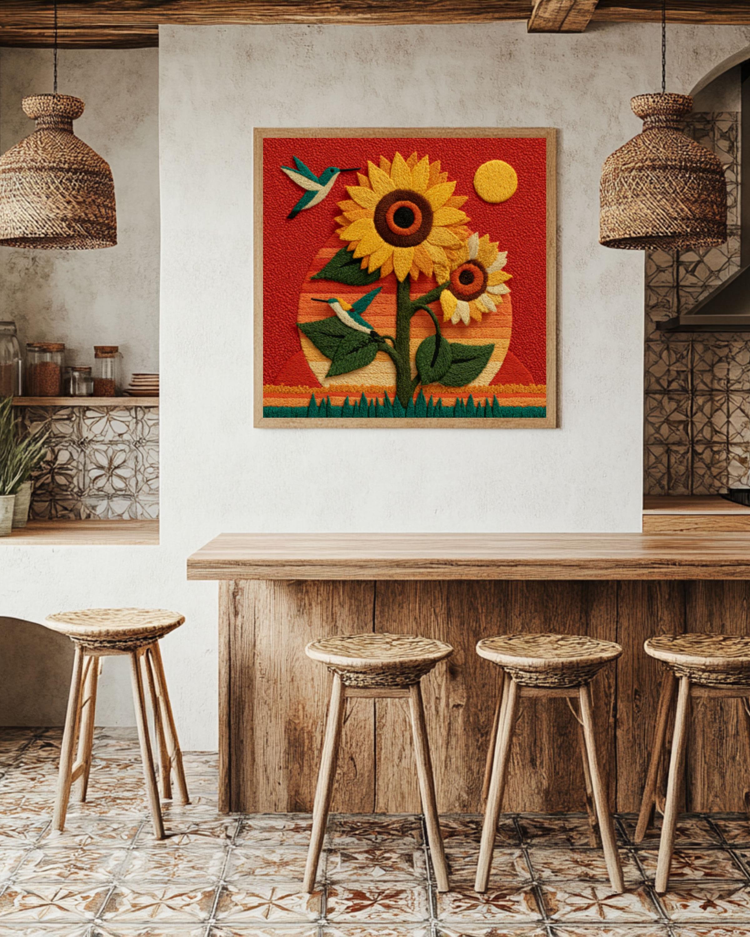 Sunflower & Hummingbird Felt Art Print | Embroidery Style