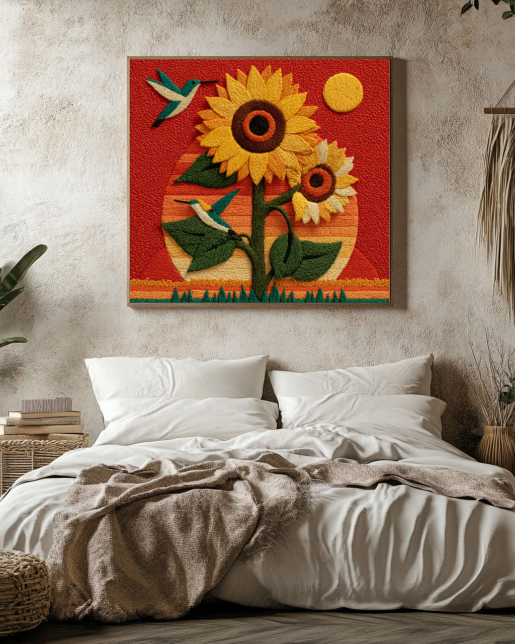 Sunflower & Hummingbird Felt Art Print | Embroidery Style