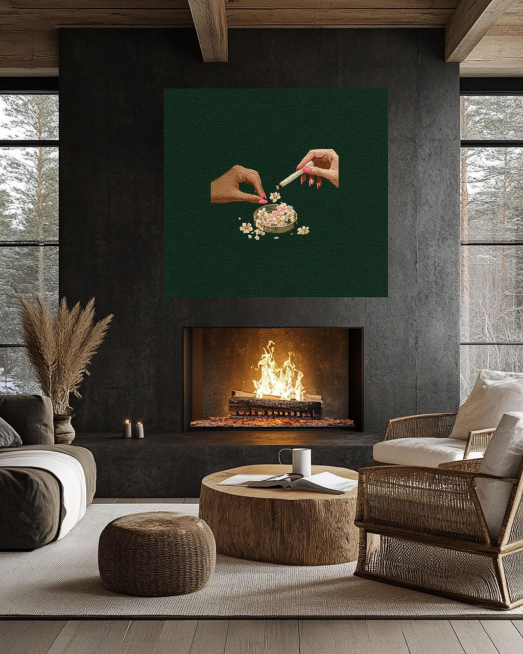 Hands with Ashtray Art Print â€“ Tove Jansson Style, Dark Green Canvas Wall Art Print – Premium Home Decor
