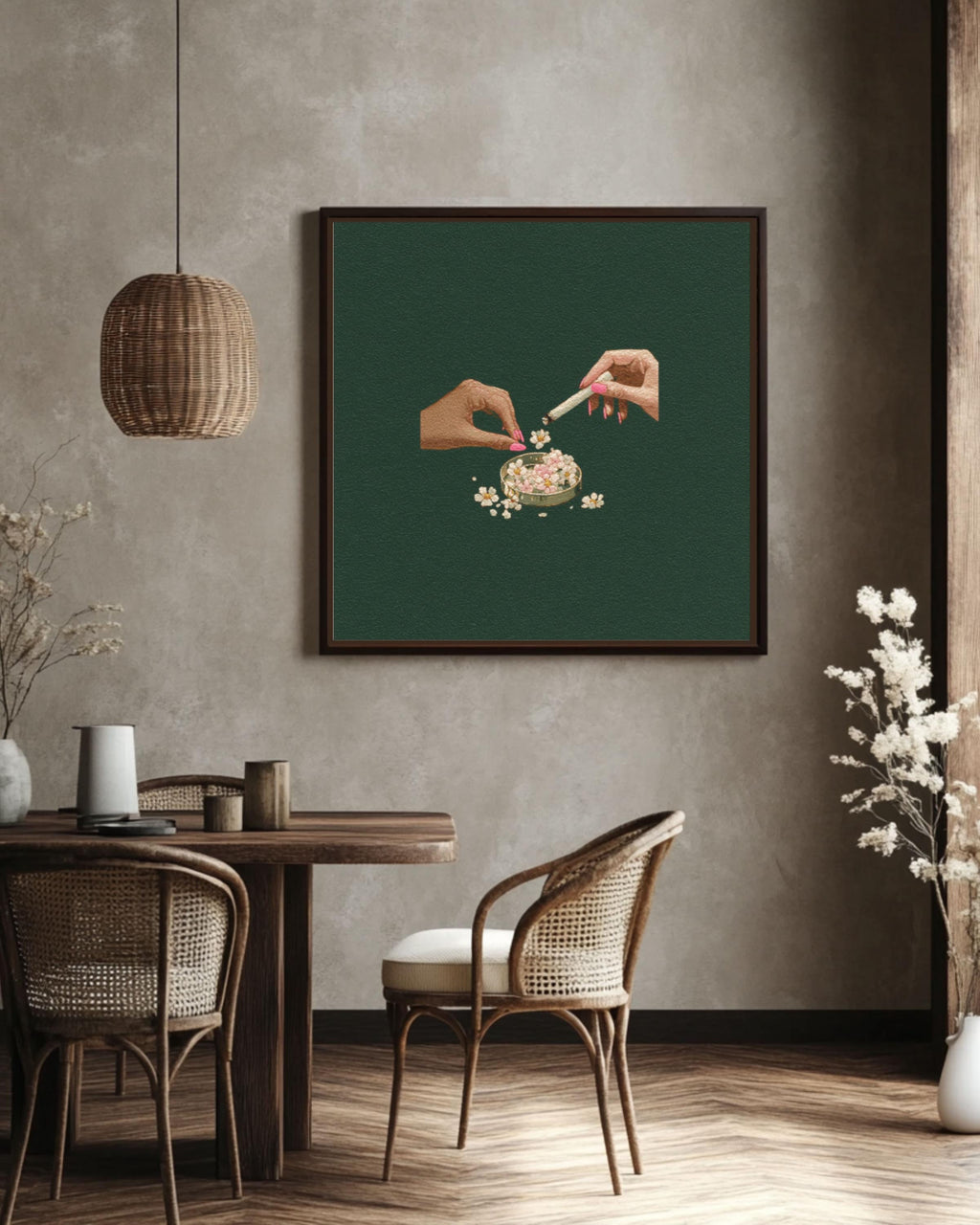Hands with Ashtray Art Print â€“ Tove Jansson Style, Dark Green Canvas Wall Art Print – Premium Home Decor