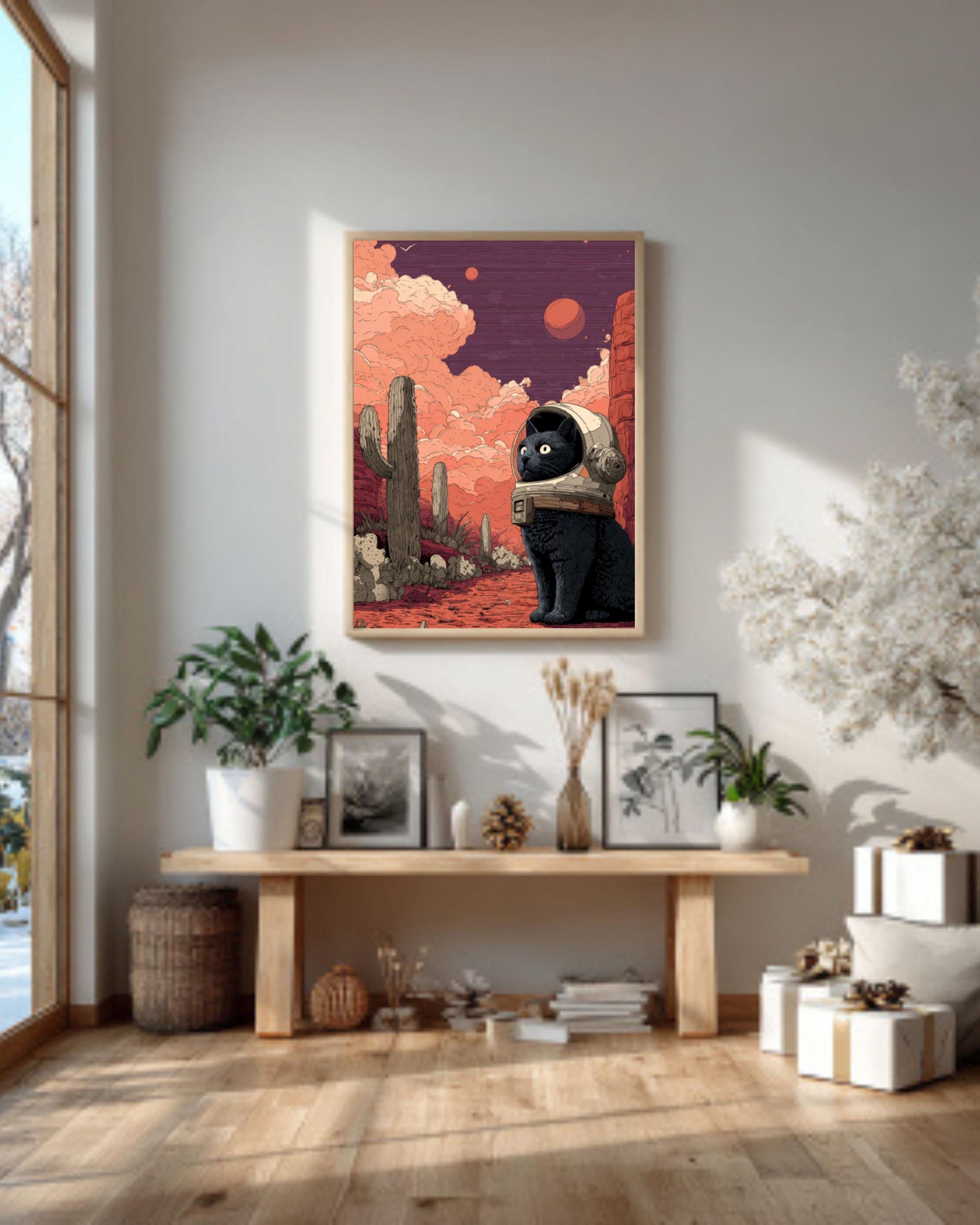 Black Cat Astronaut Art Print â€“ Cosmic Desert Illustration Canvas Wall Art Print – Premium Home Decor