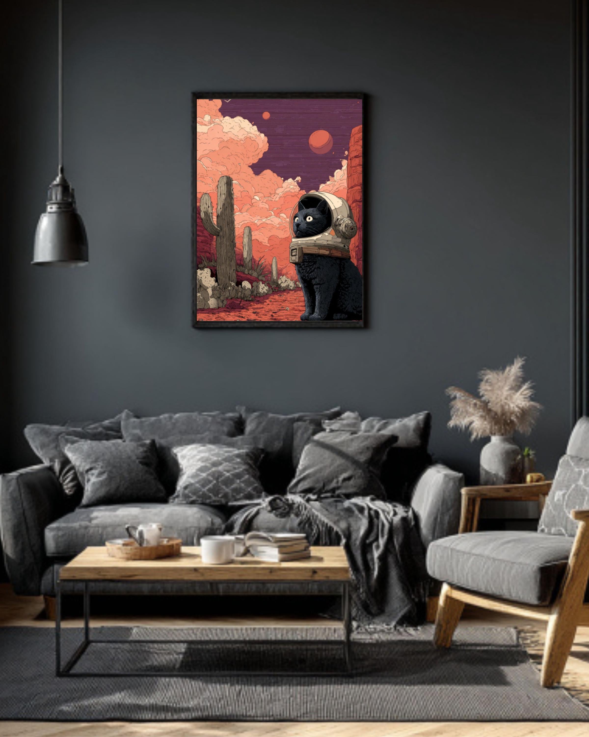 Black Cat Astronaut Art Print â€“ Cosmic Desert Illustration Canvas Wall Art Print – Premium Home Decor