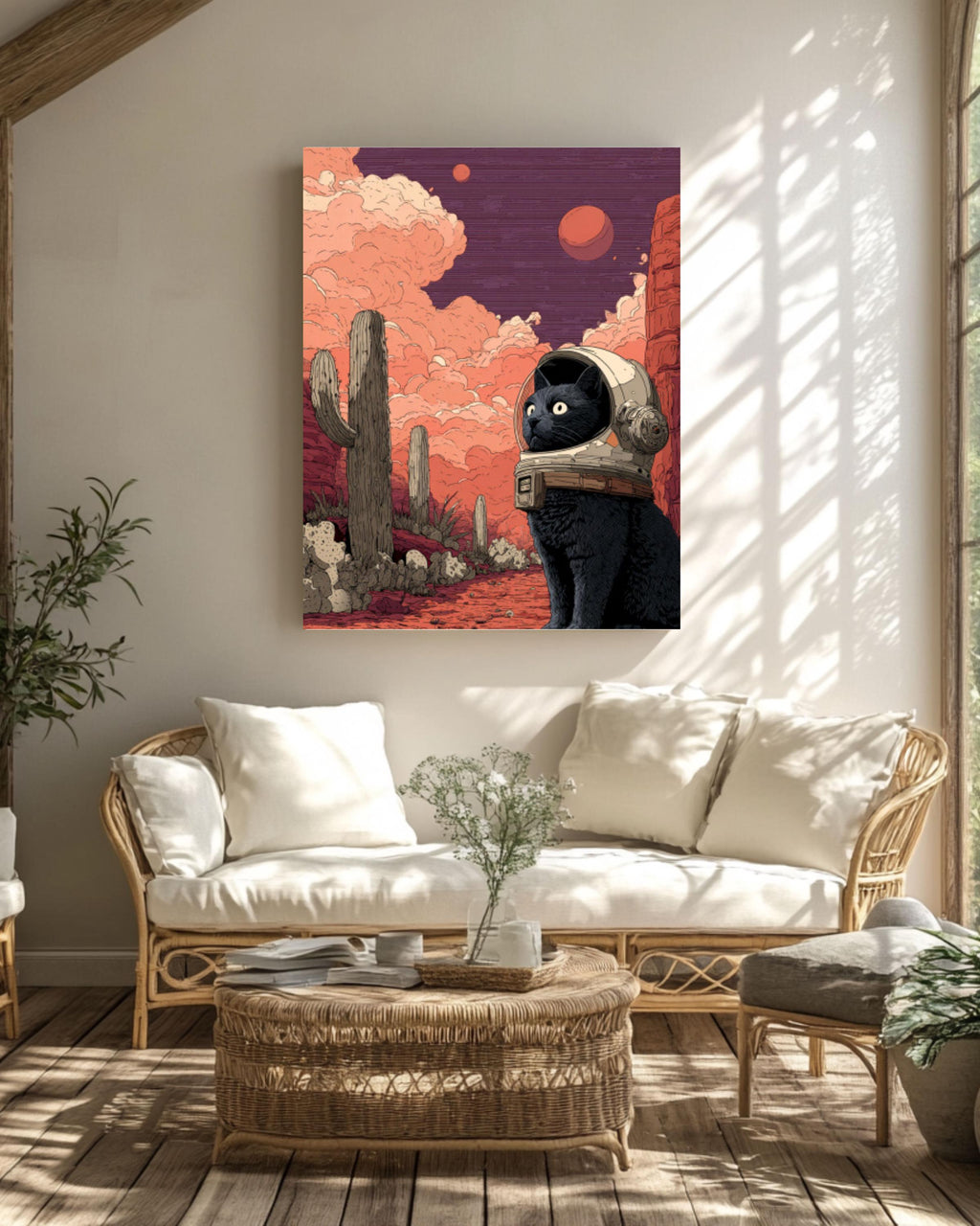 Black Cat Astronaut Art Print â€“ Cosmic Desert Illustration Canvas Wall Art Print – Premium Home Decor