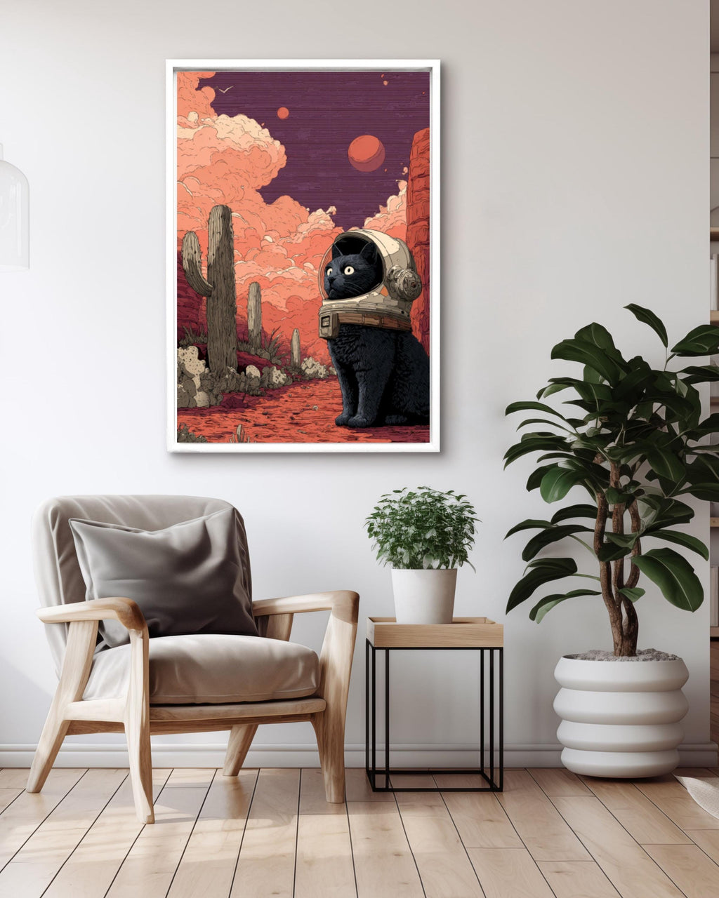 Black Cat Astronaut Art Print â€“ Cosmic Desert Illustration Canvas Wall Art Print – Premium Home Decor