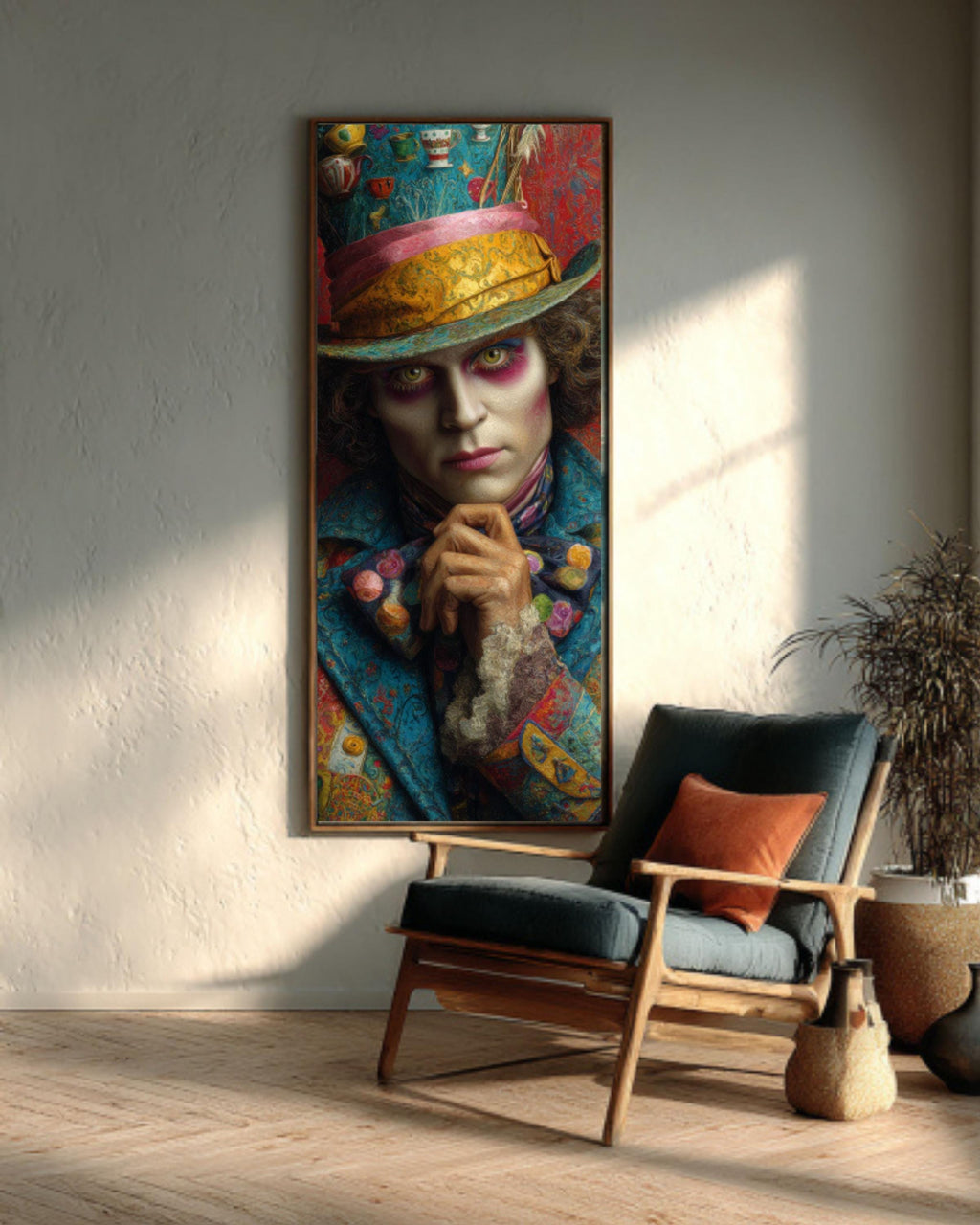 Mad Hatter Oil Painting: Wonderland Art, Teacups & Flowers, Hyper-Realistic Canvas Canvas Wall Art Print – Premium Home Decor