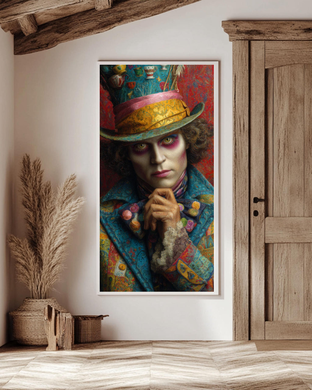 Mad Hatter Oil Painting: Wonderland Art, Teacups & Flowers, Hyper-Realistic Canvas Canvas Wall Art Print – Premium Home Decor