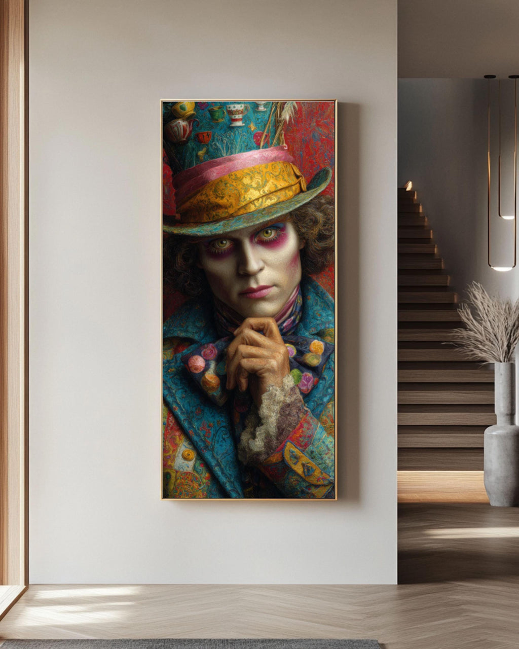 Mad Hatter Oil Painting: Wonderland Art, Teacups & Flowers, Hyper-Realistic Canvas Canvas Wall Art Print – Premium Home Decor