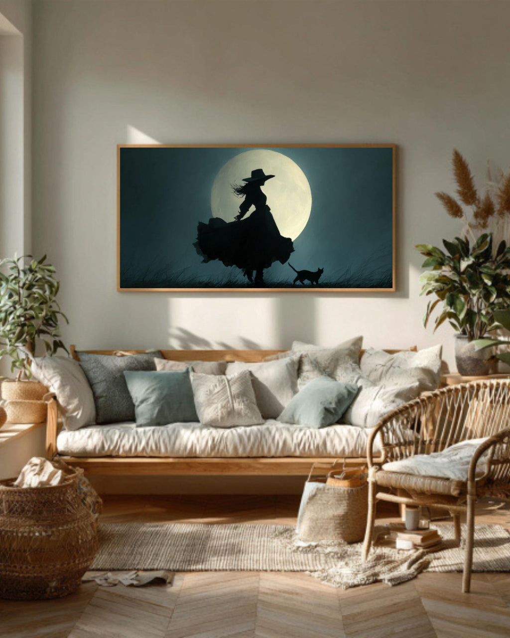 Witch and Cat Moonlight Canvas Print | Gothic Fantasy