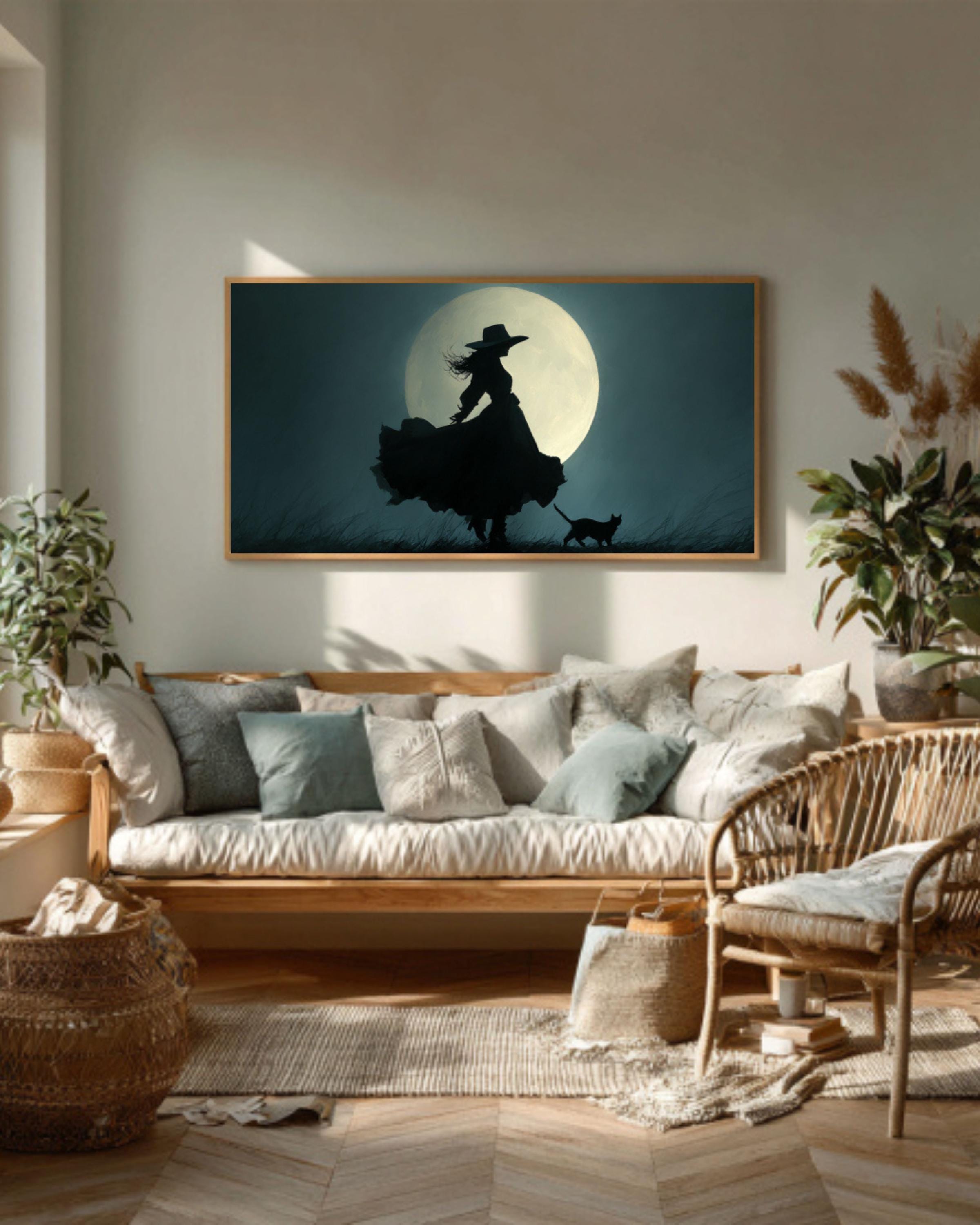 Witch and Cat Moonlight Canvas Print | Gothic Fantasy