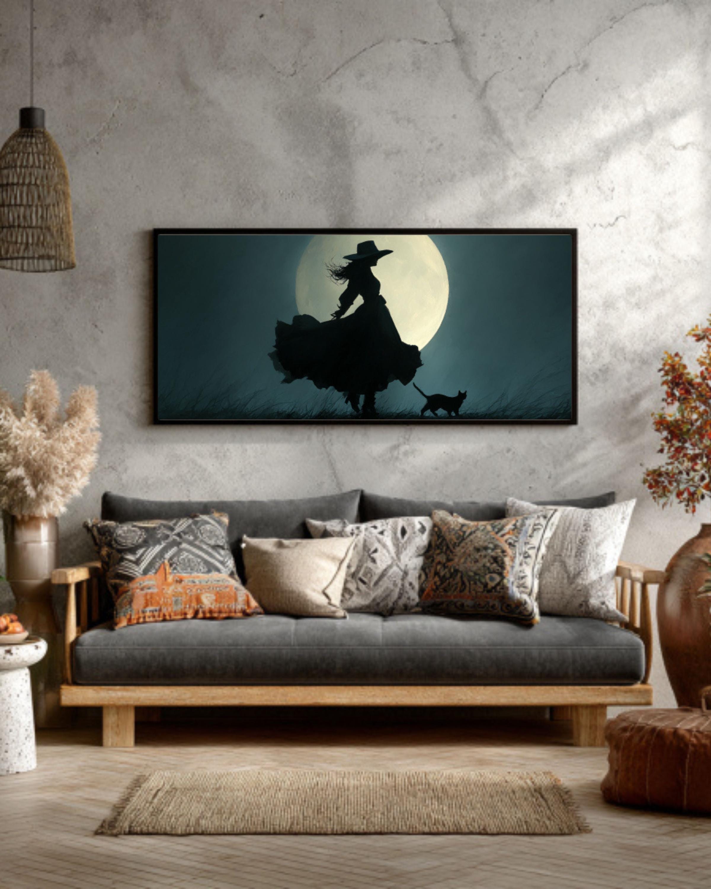 Witch and Cat Moonlight Canvas Print | Gothic Fantasy