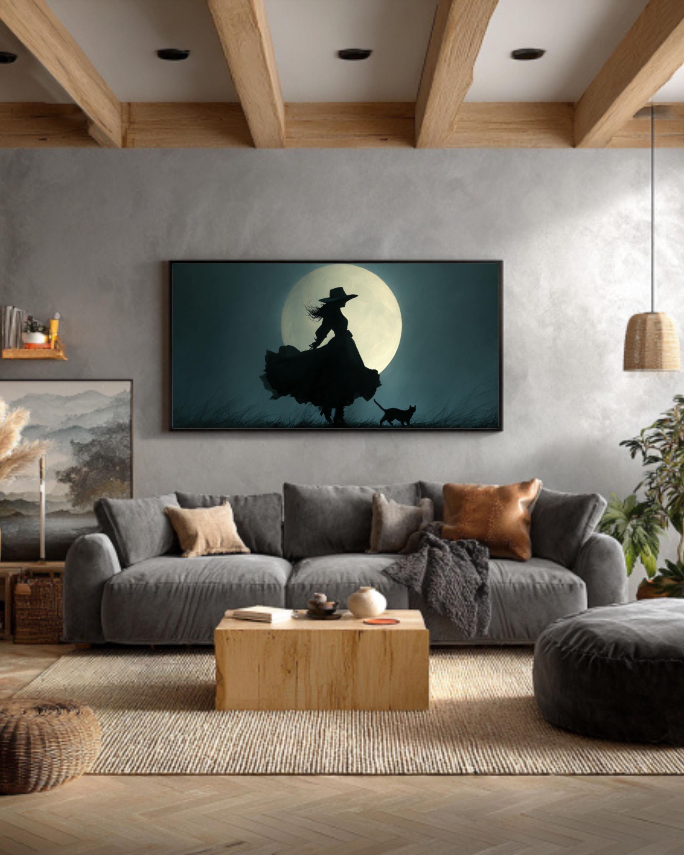 Witch and Cat Moonlight Canvas Print | Gothic Fantasy