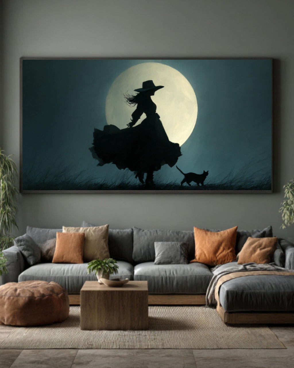 Witch and Cat Moonlight Canvas Print | Gothic Fantasy