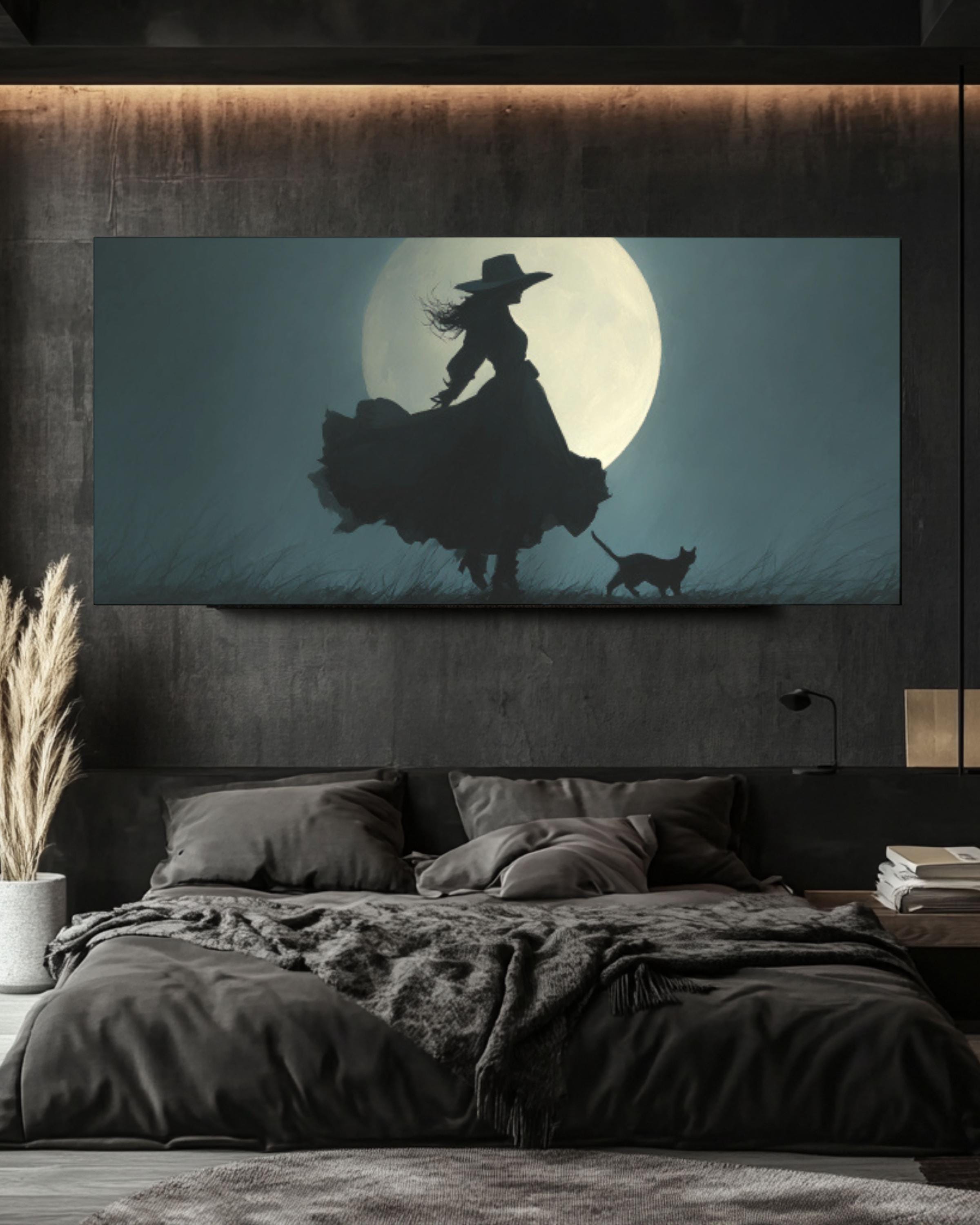 Witch and Cat Moonlight Canvas Print | Gothic Fantasy