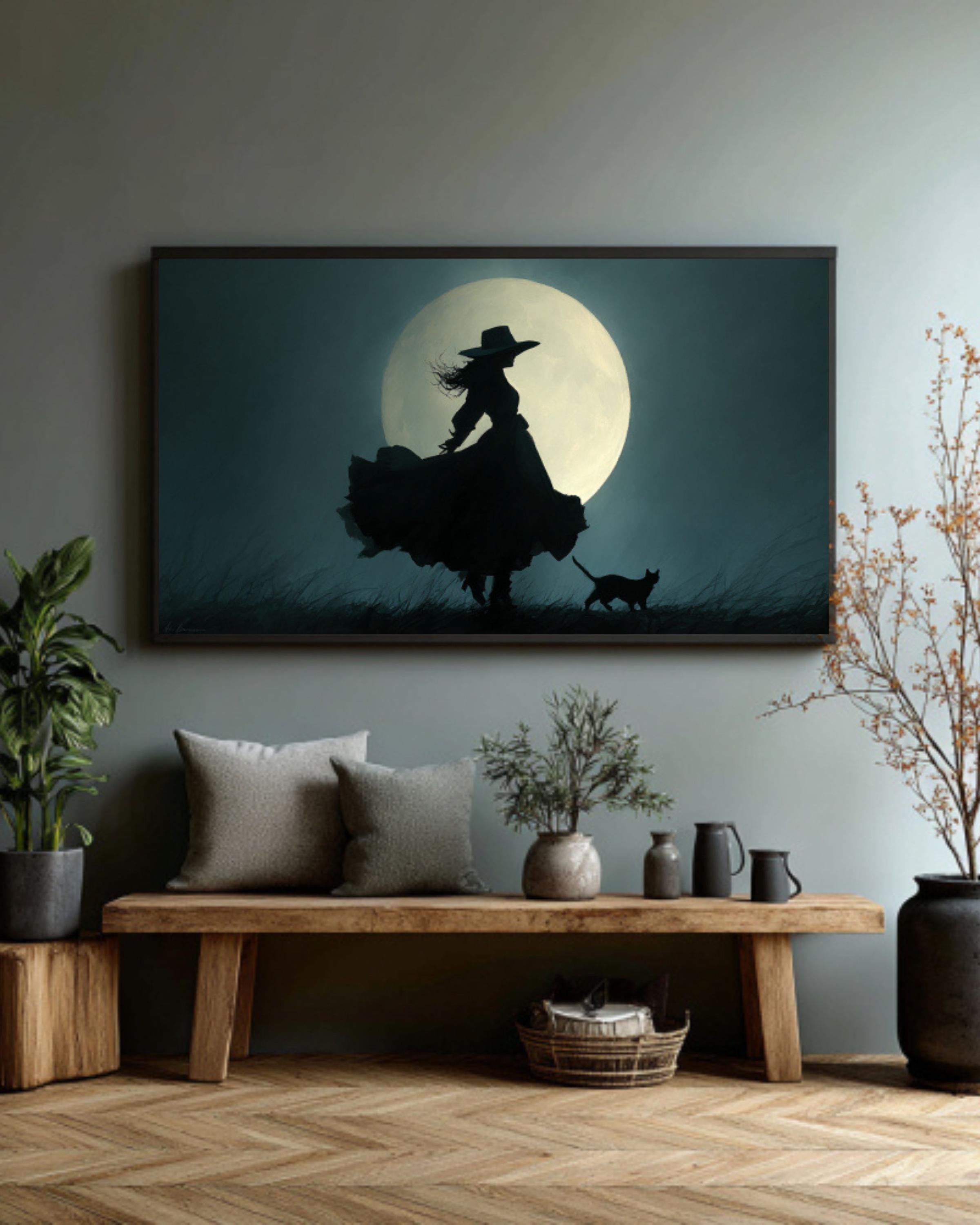 Witch and Cat Moonlight Canvas Print | Gothic Fantasy