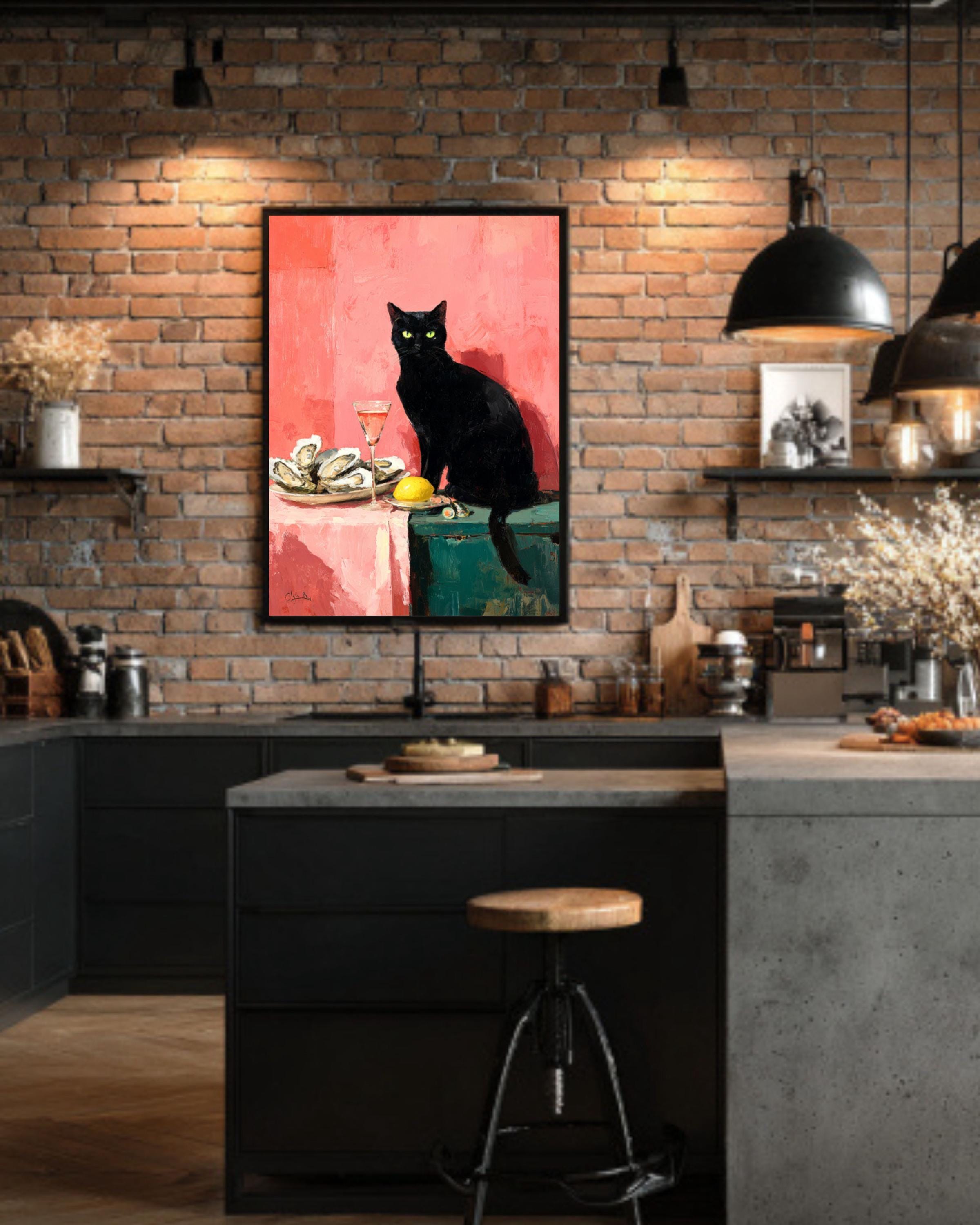 Black Cat & Oysters Art | Pink Oil Painting Style