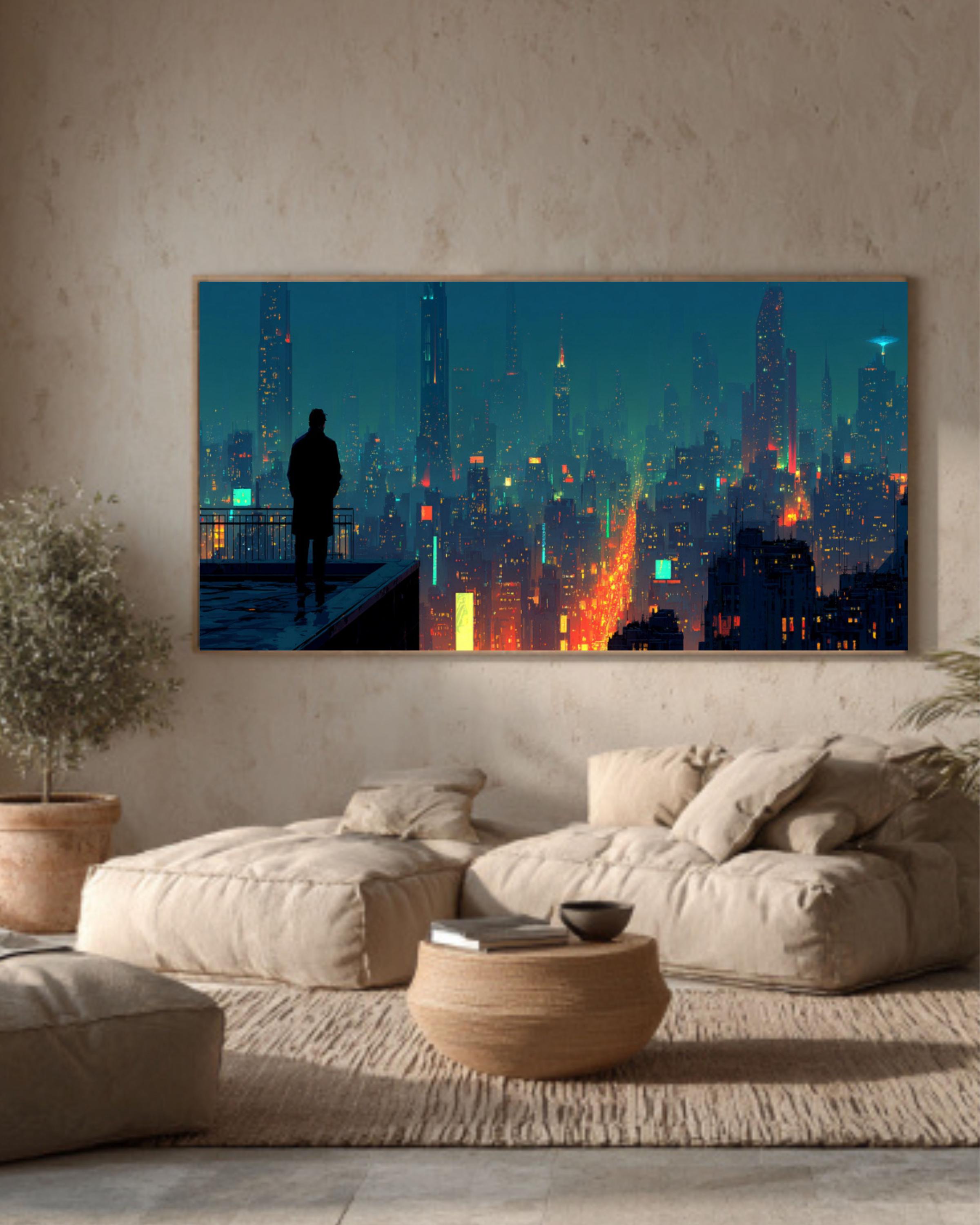 Cyberpunk Cityscape Canvas | Neon Futuristic Skyline