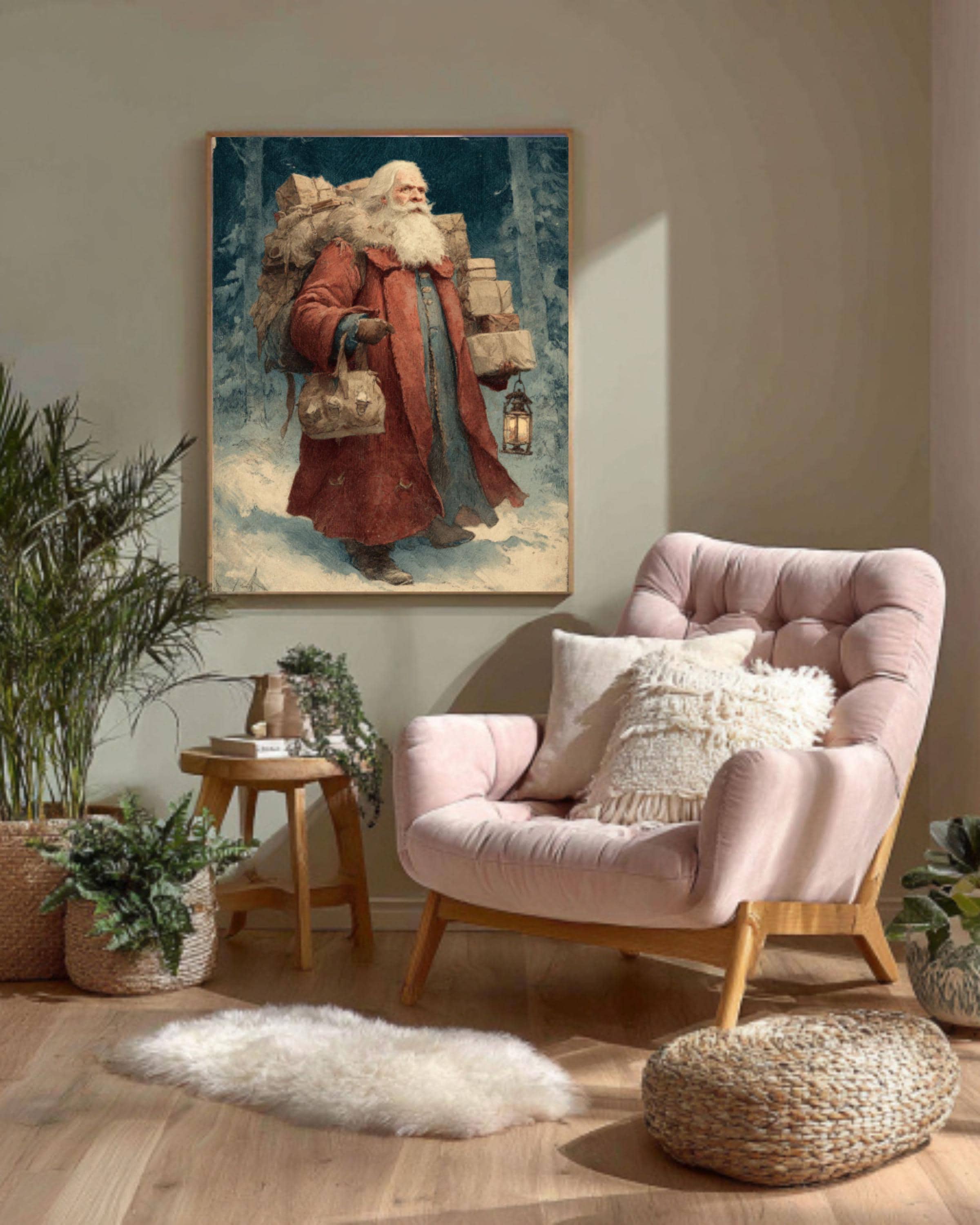 Vintage Santa Claus Art Print | Snowy Forest