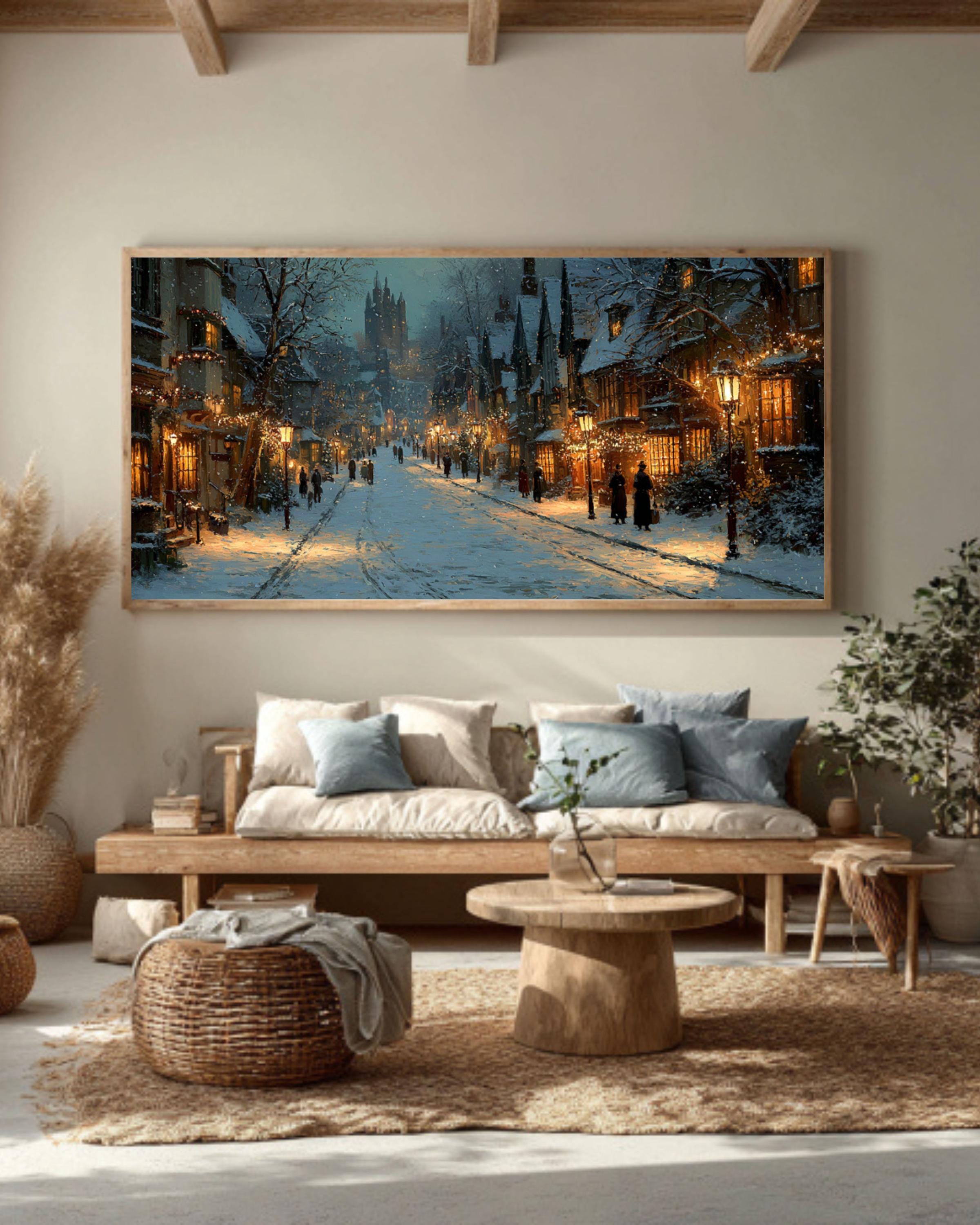 Victorian Winter Street Canvas Art | Holiday Lights