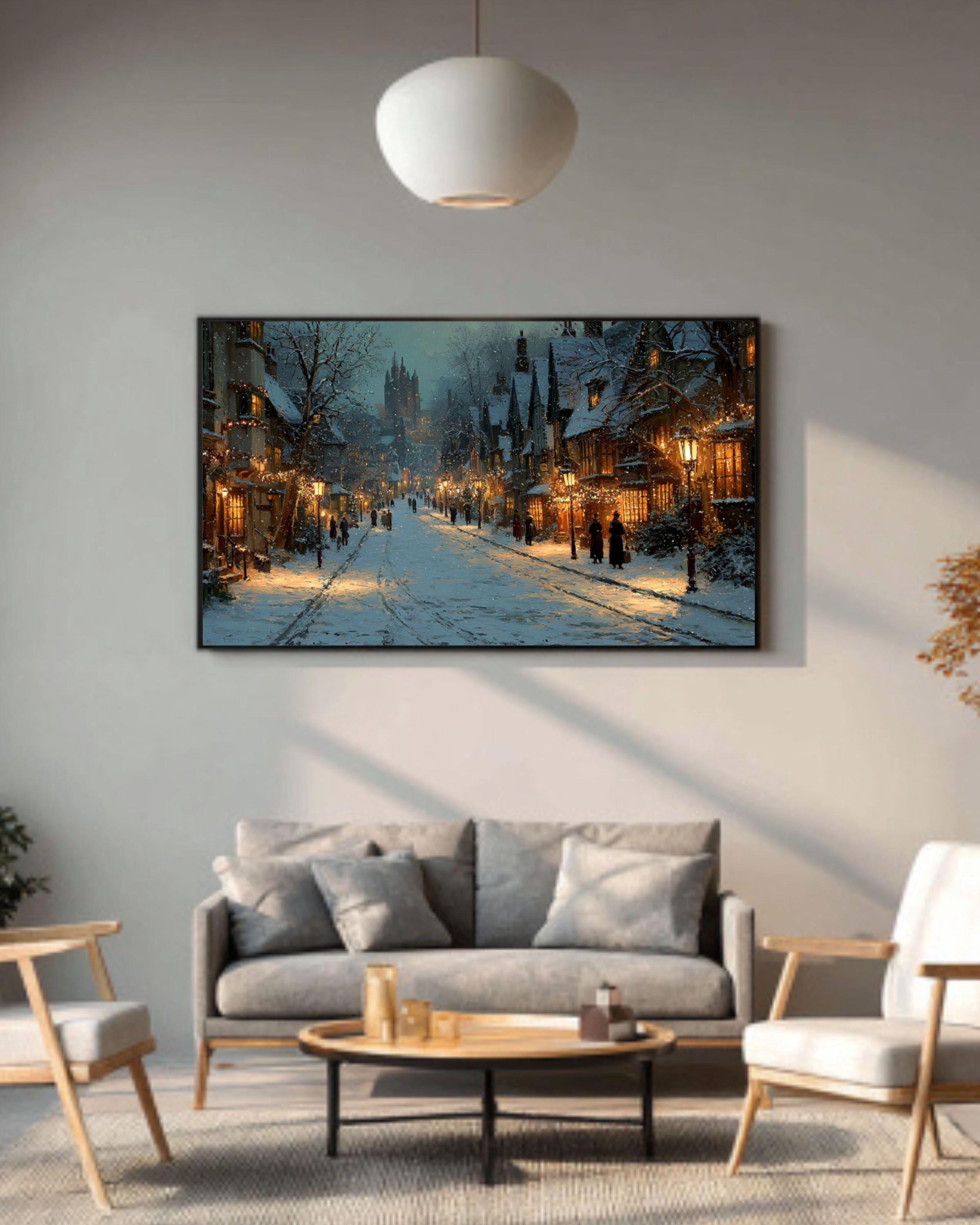 Victorian Winter Street Canvas Art | Holiday Lights