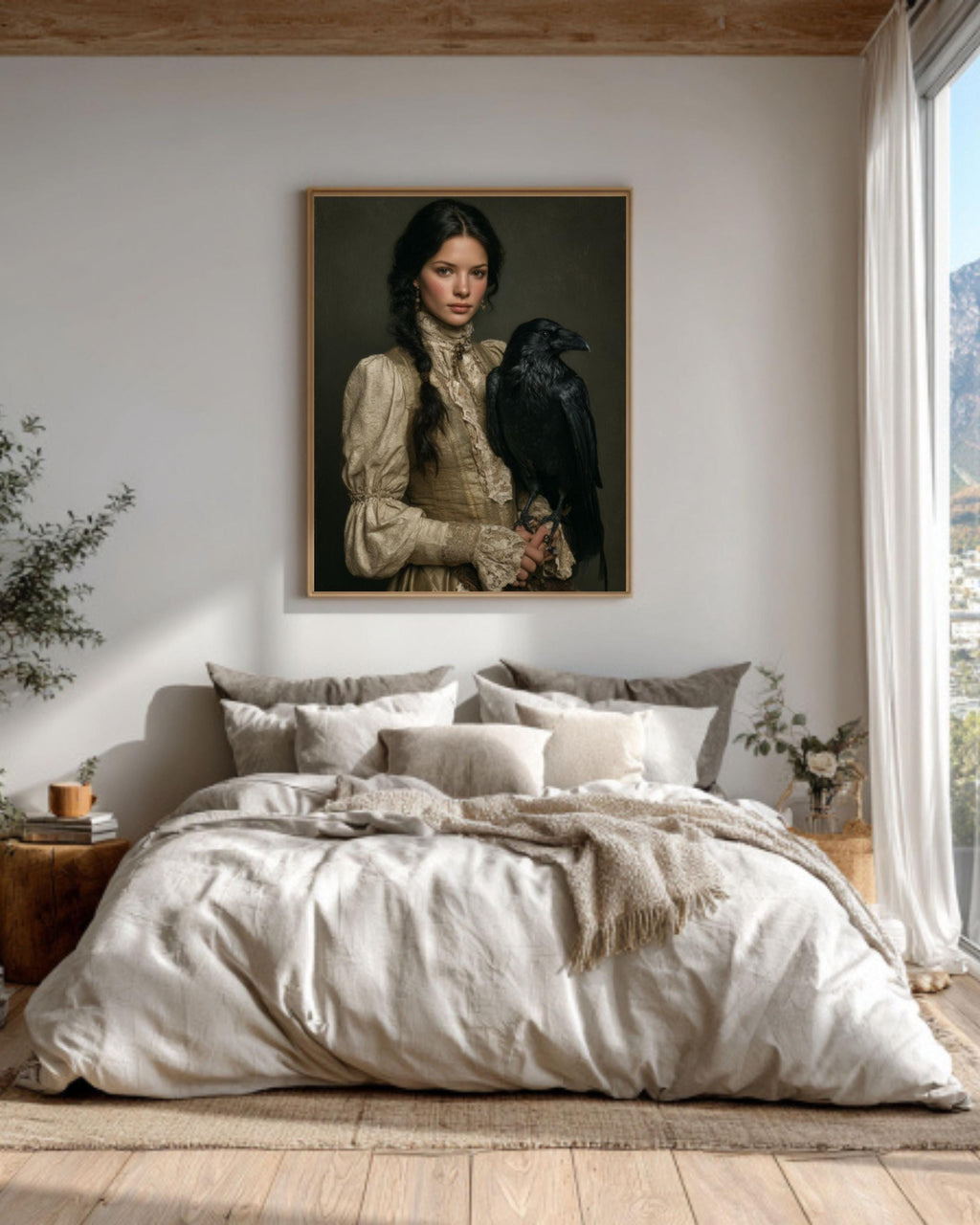Woman with Raven Feathers Art | Dark Fantasy Oil Painting