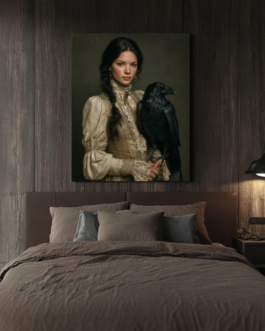 Woman with Raven Feathers Art | Dark Fantasy Oil Painting