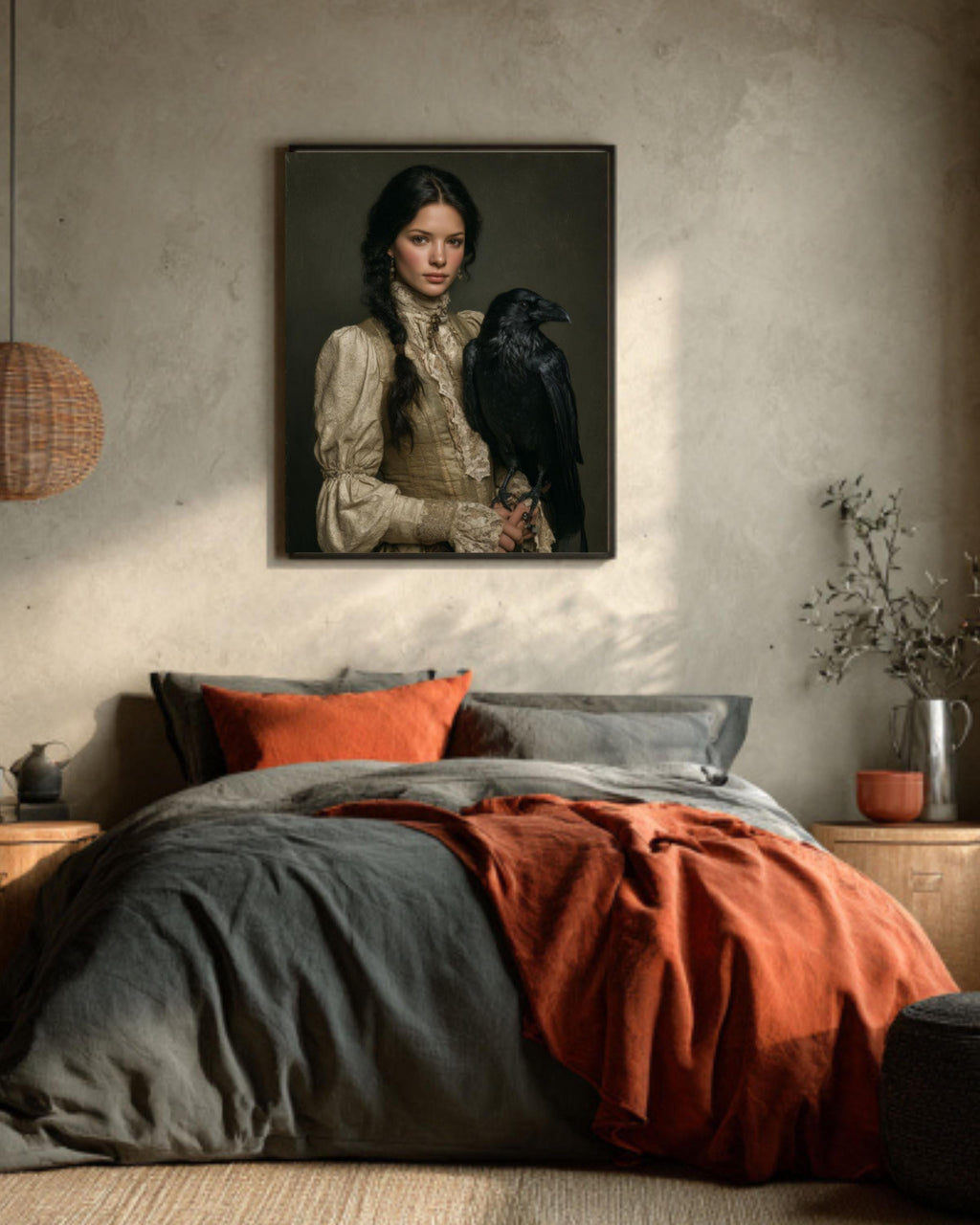 Woman with Raven Feathers Art | Dark Fantasy Oil Painting