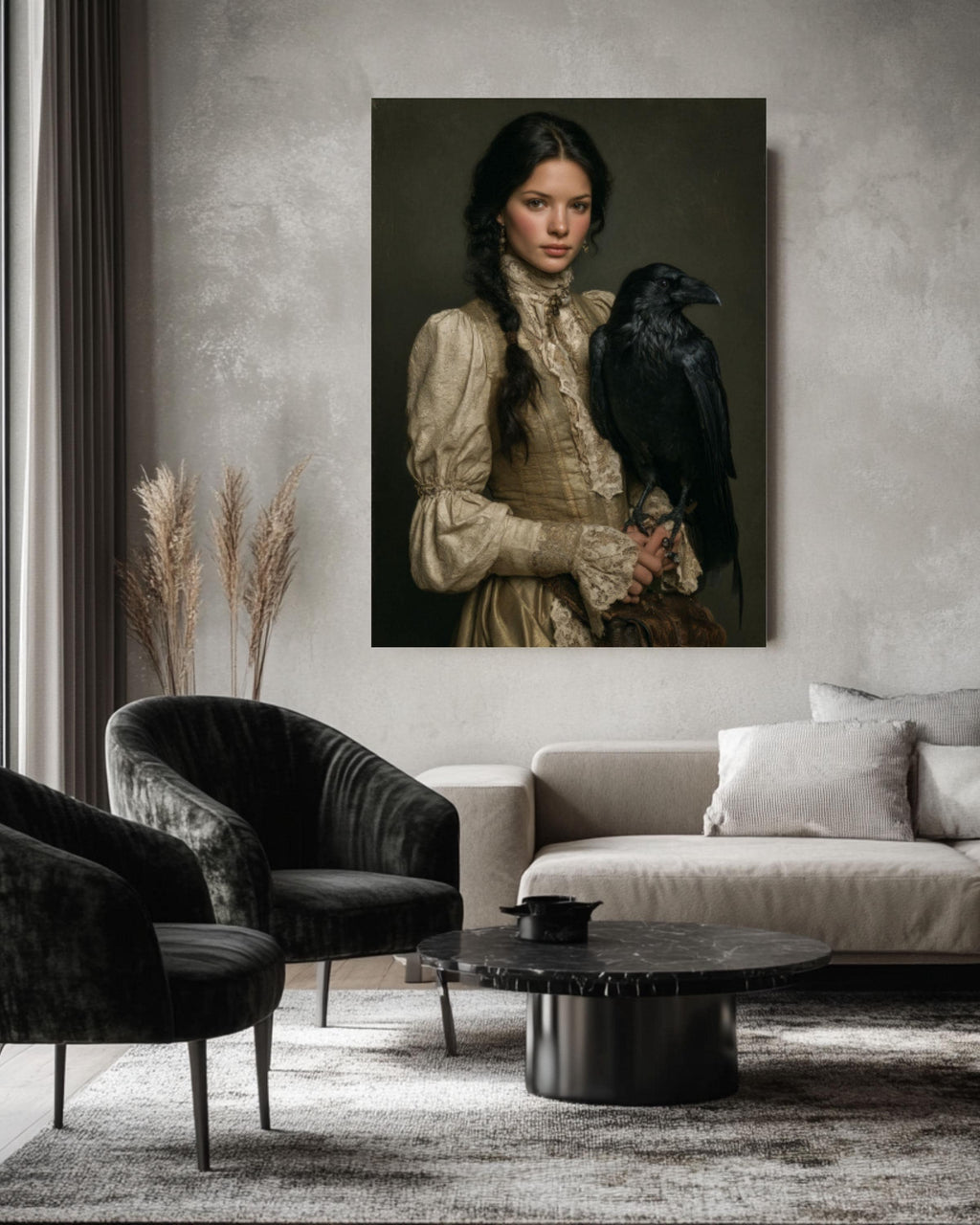 Woman with Raven Feathers Art | Dark Fantasy Oil Painting