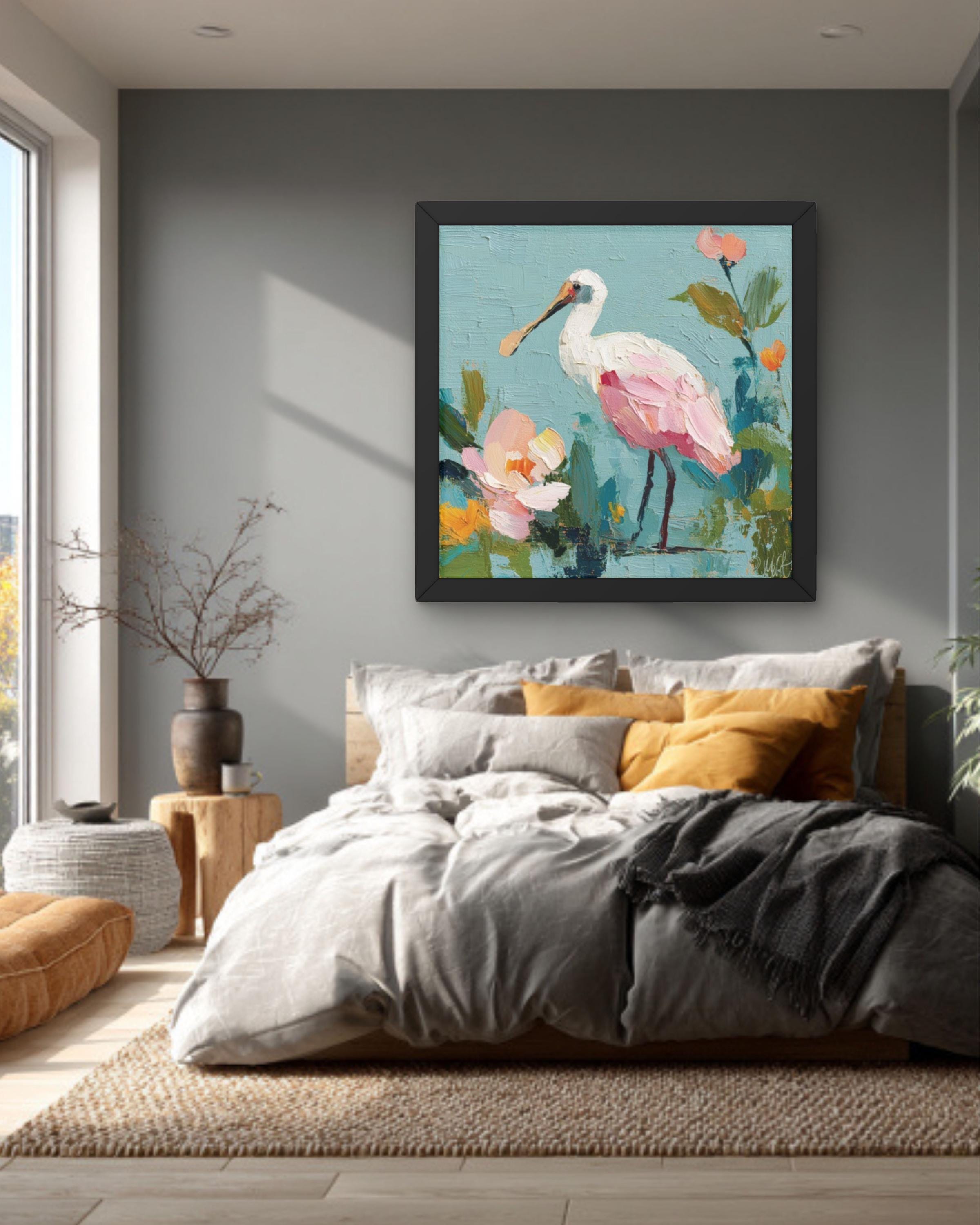 Pink Spoonbill Bird Art | Abstract Floral Pastel