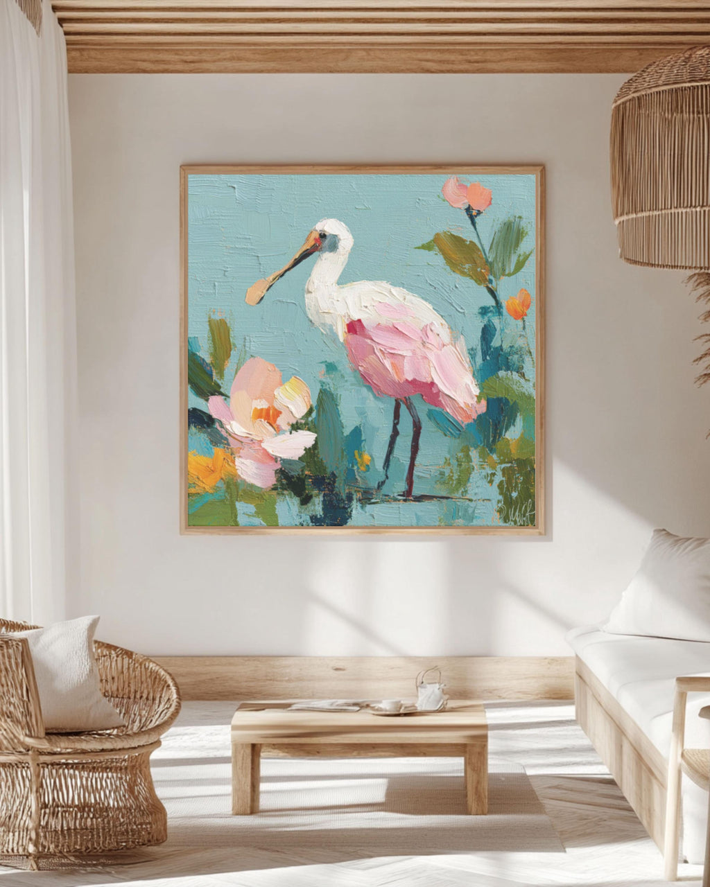 Pink Spoonbill Bird Art | Abstract Floral Pastel