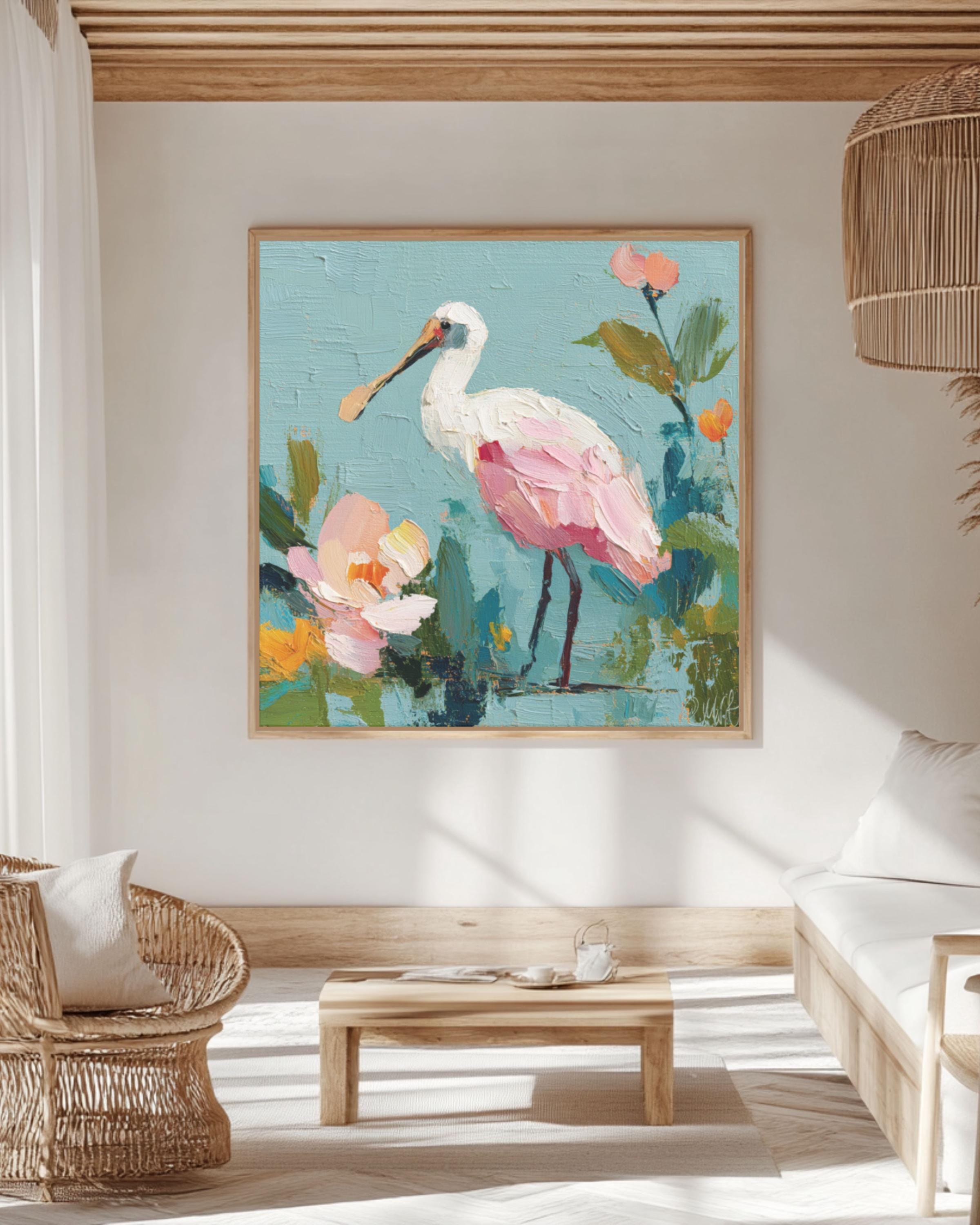 Pink Spoonbill Bird Art | Abstract Floral Pastel