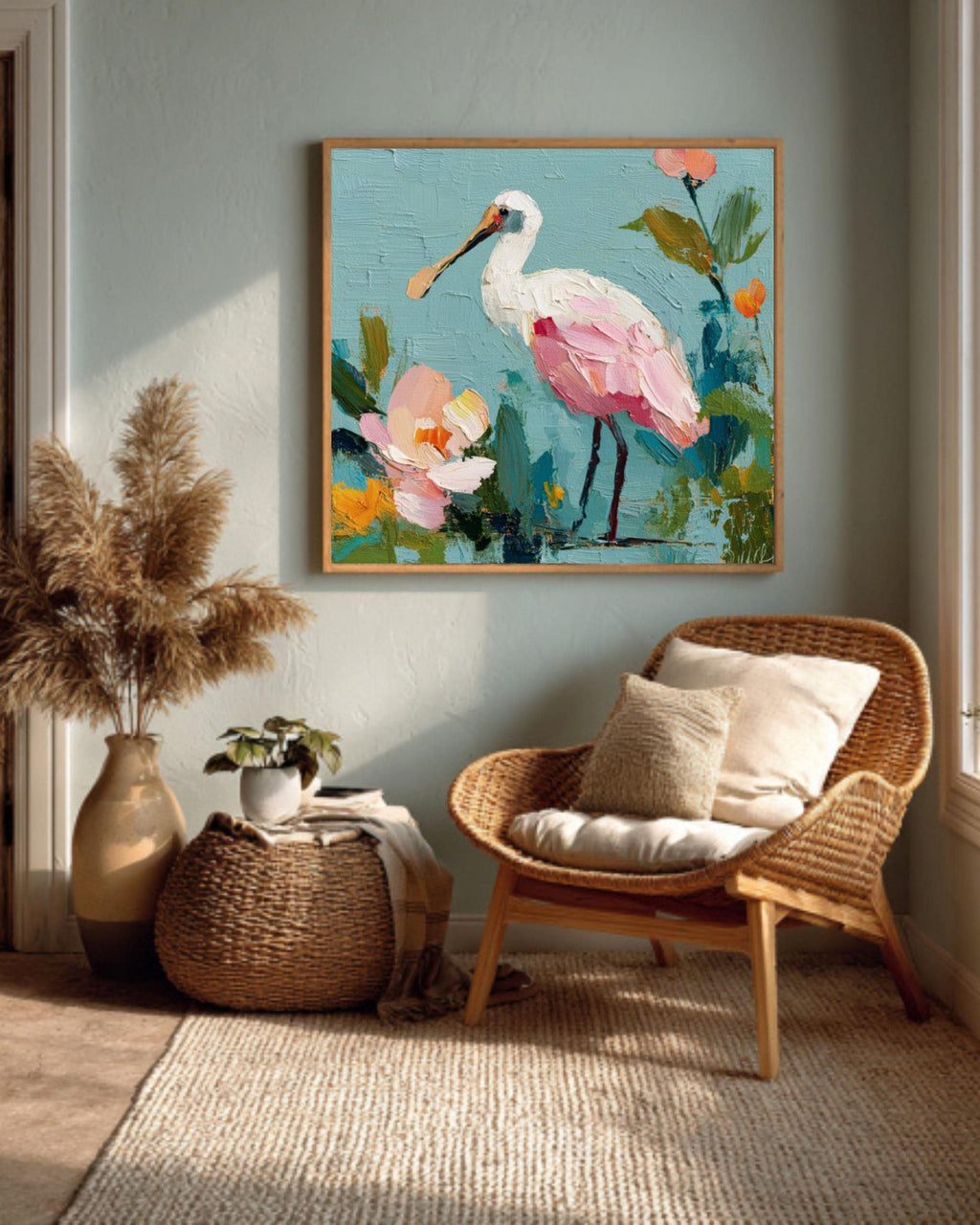 Pink Spoonbill Bird Art | Abstract Floral Pastel
