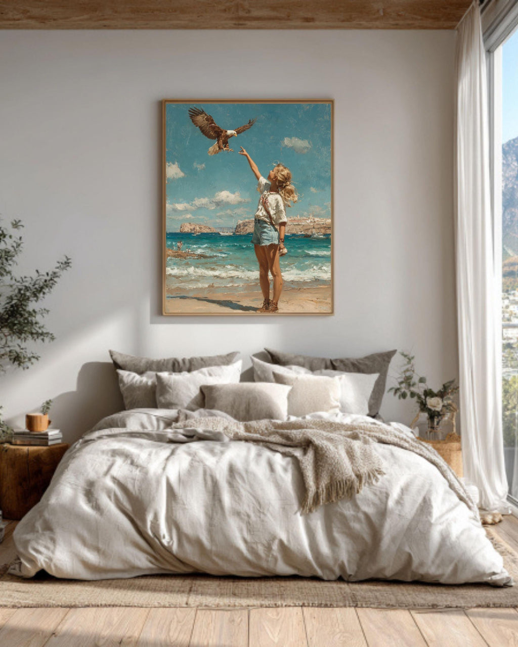 1970s Beach Art Print | Girl Feeding Eagle