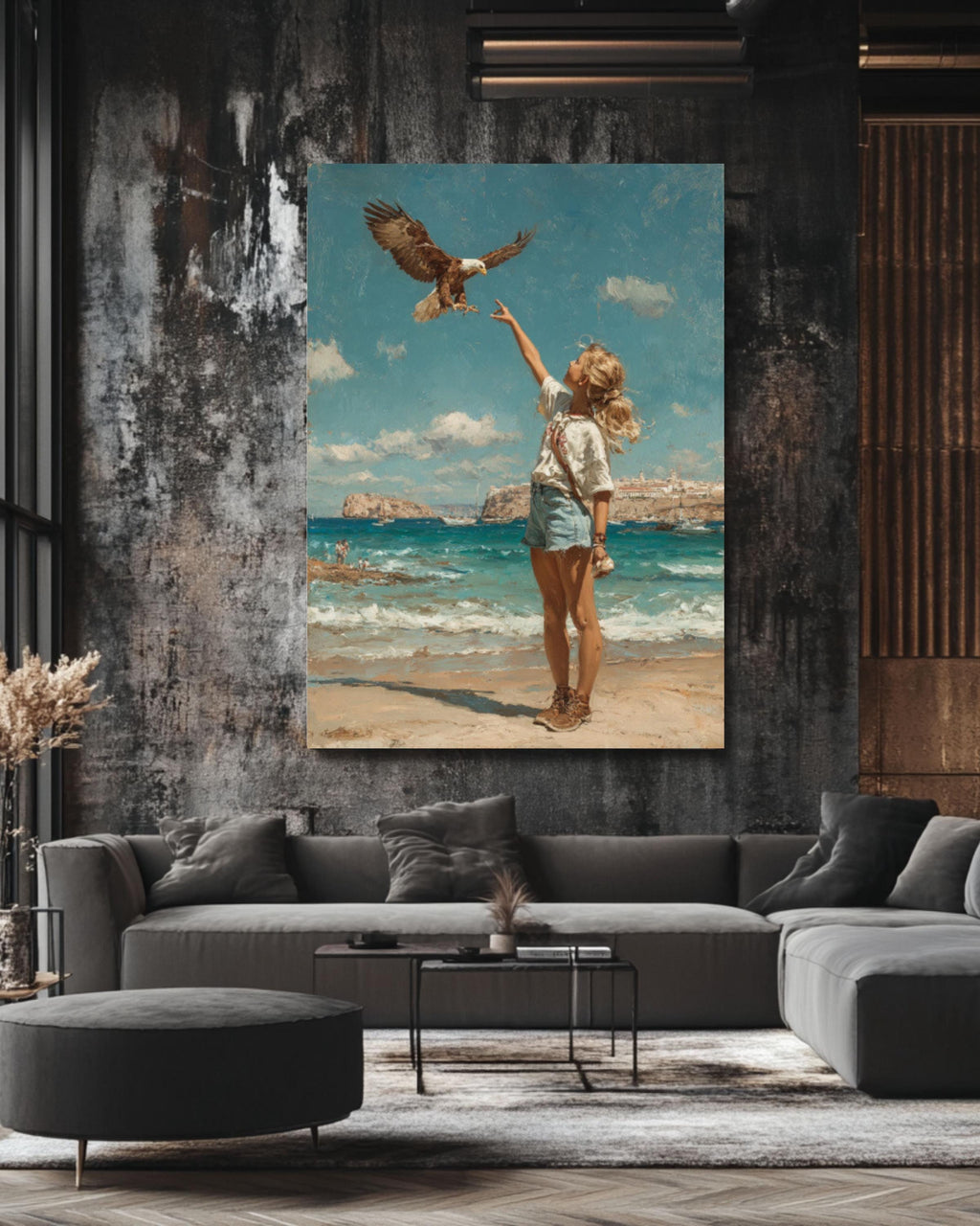 1970s Beach Art Print | Girl Feeding Eagle