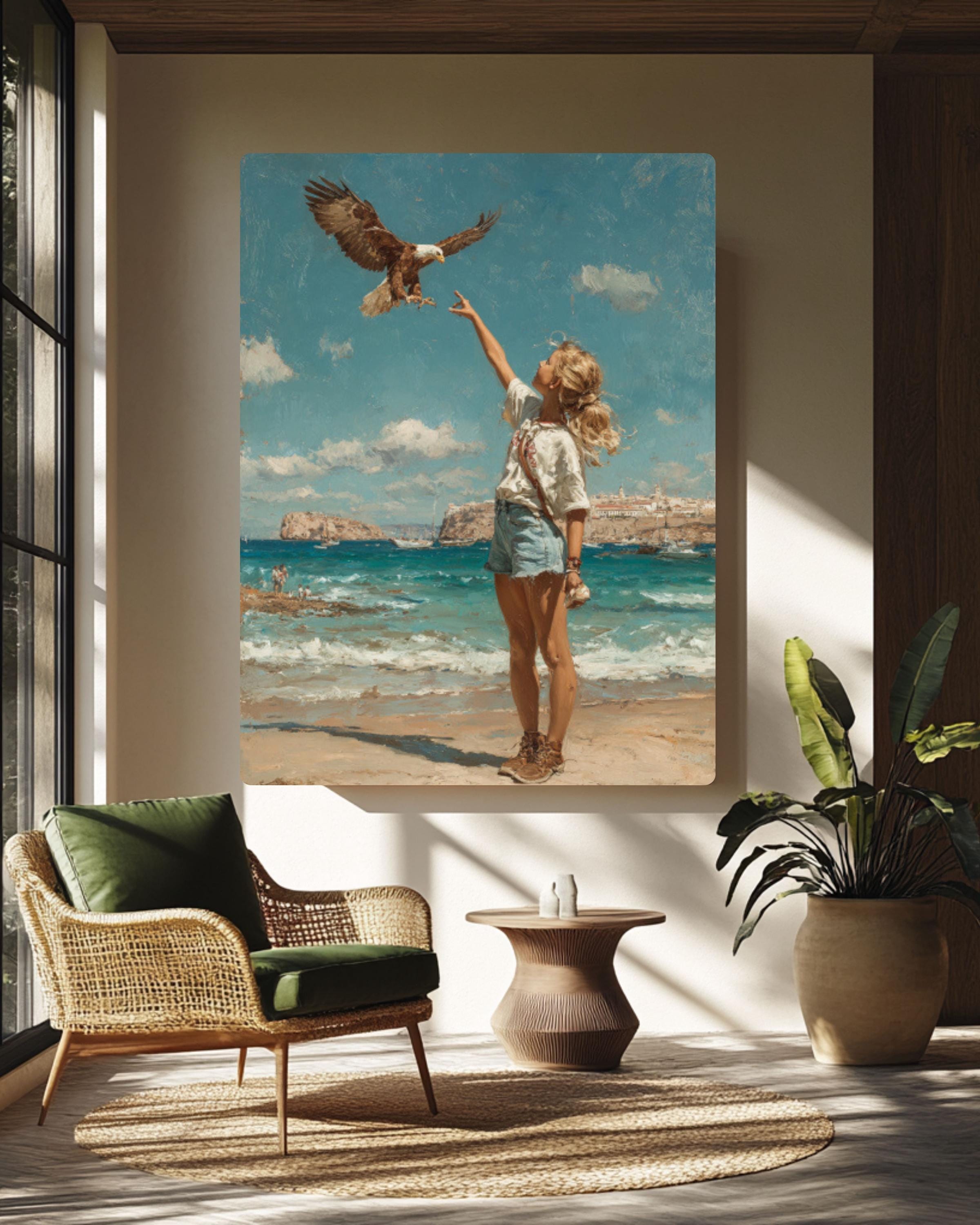 1970s Beach Art Print | Girl Feeding Eagle