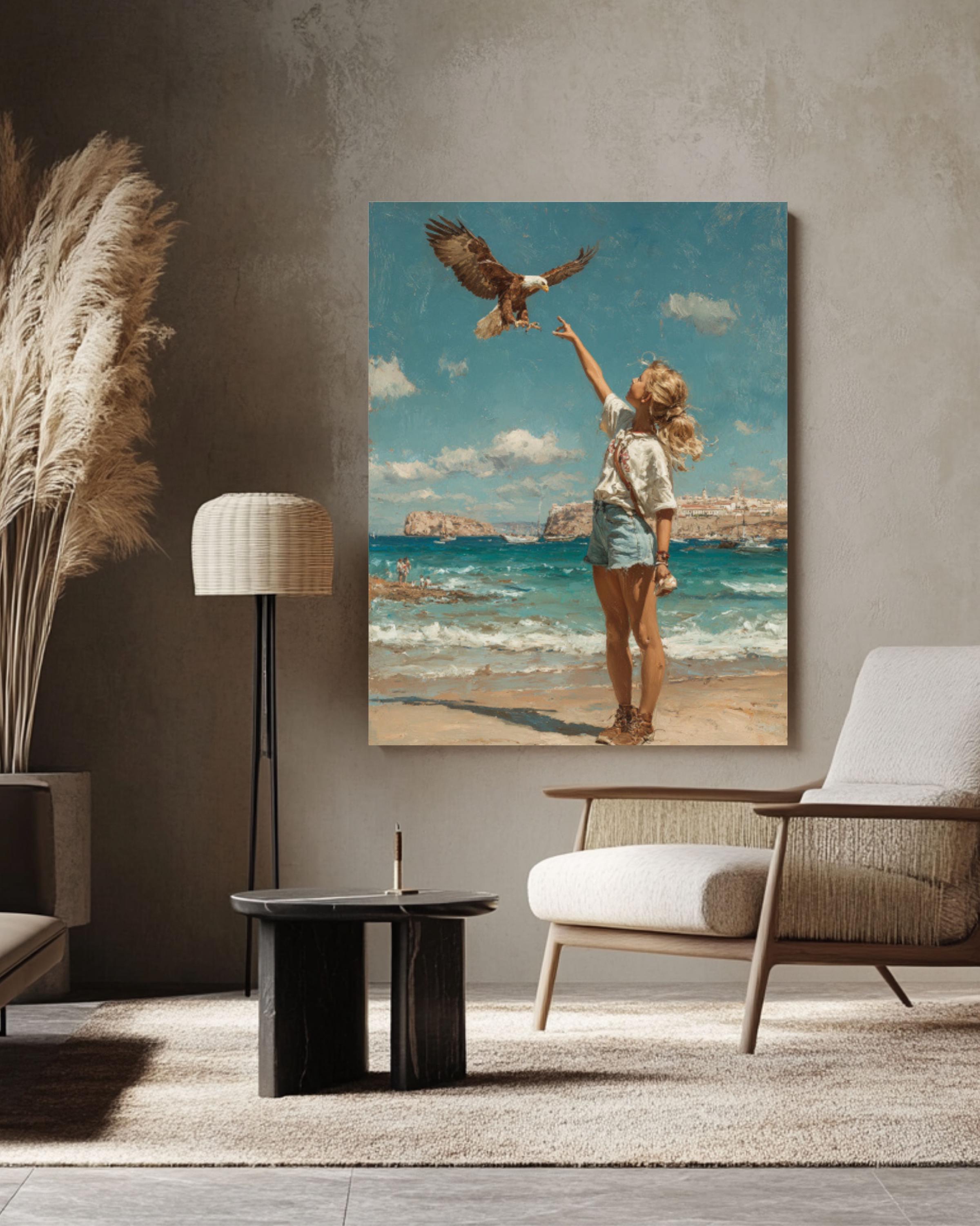1970s Beach Art Print | Girl Feeding Eagle