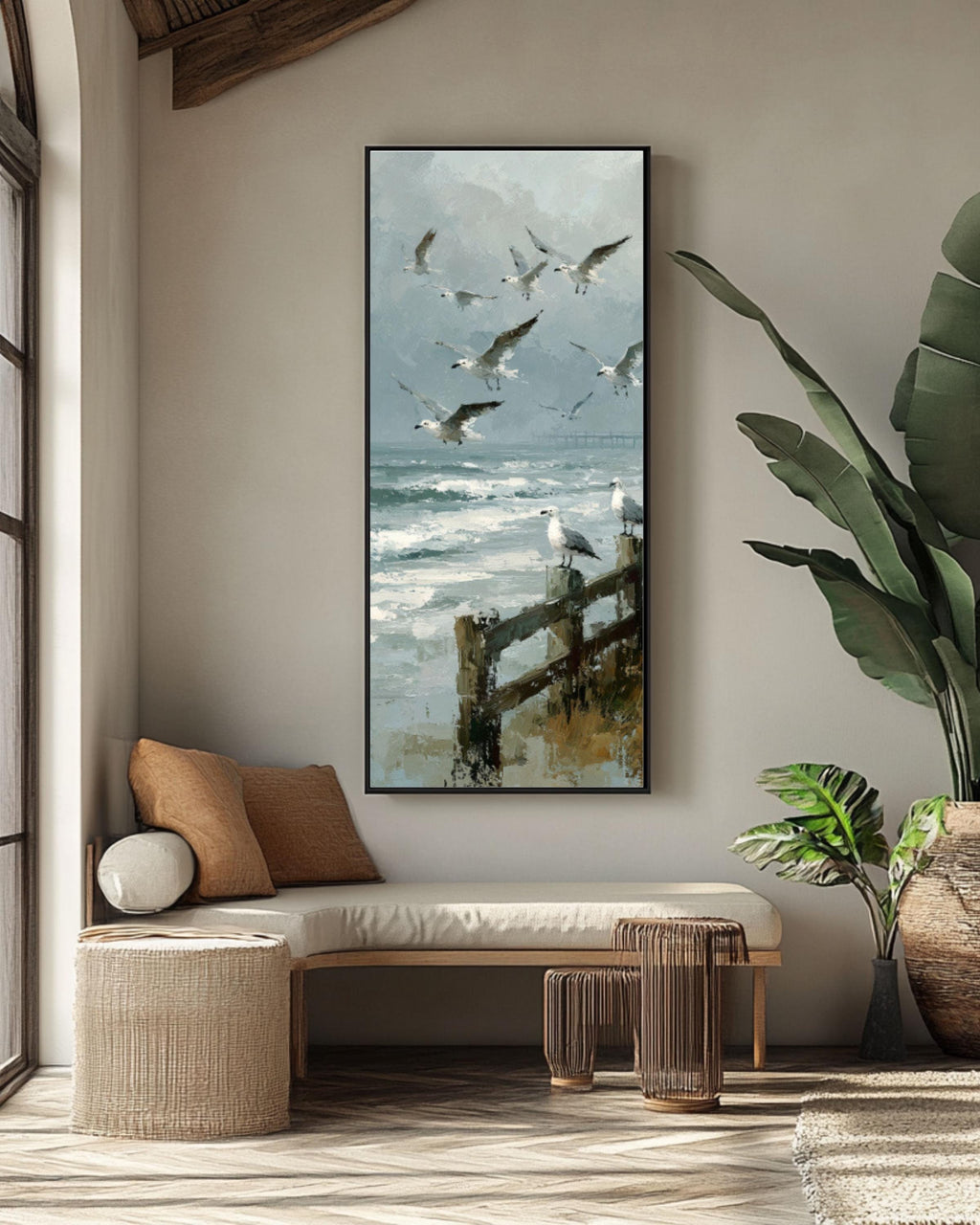 Vintage Seagulls Canvas Print | Foggy Coastal