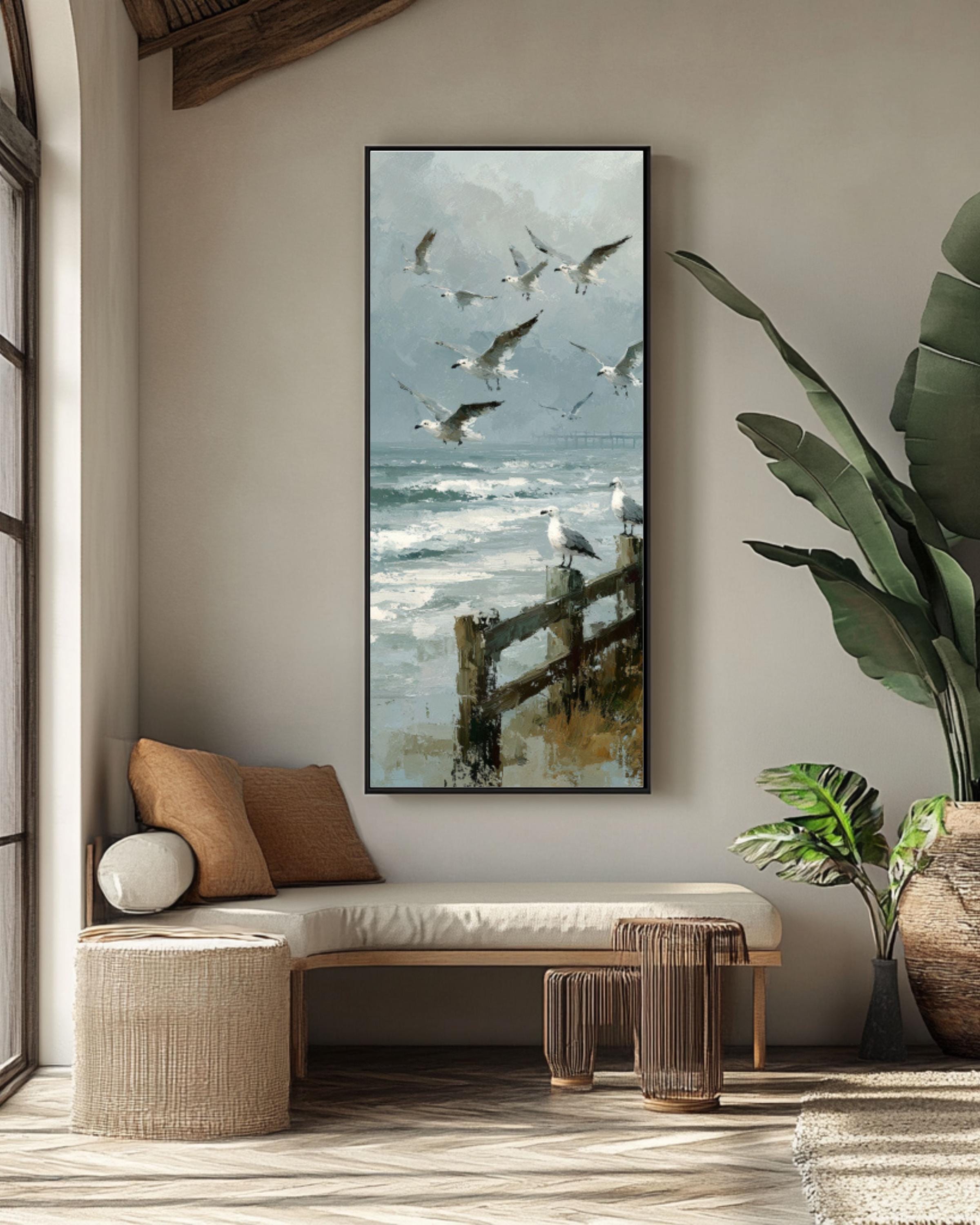 Vintage Seagulls Canvas Print | Foggy Coastal